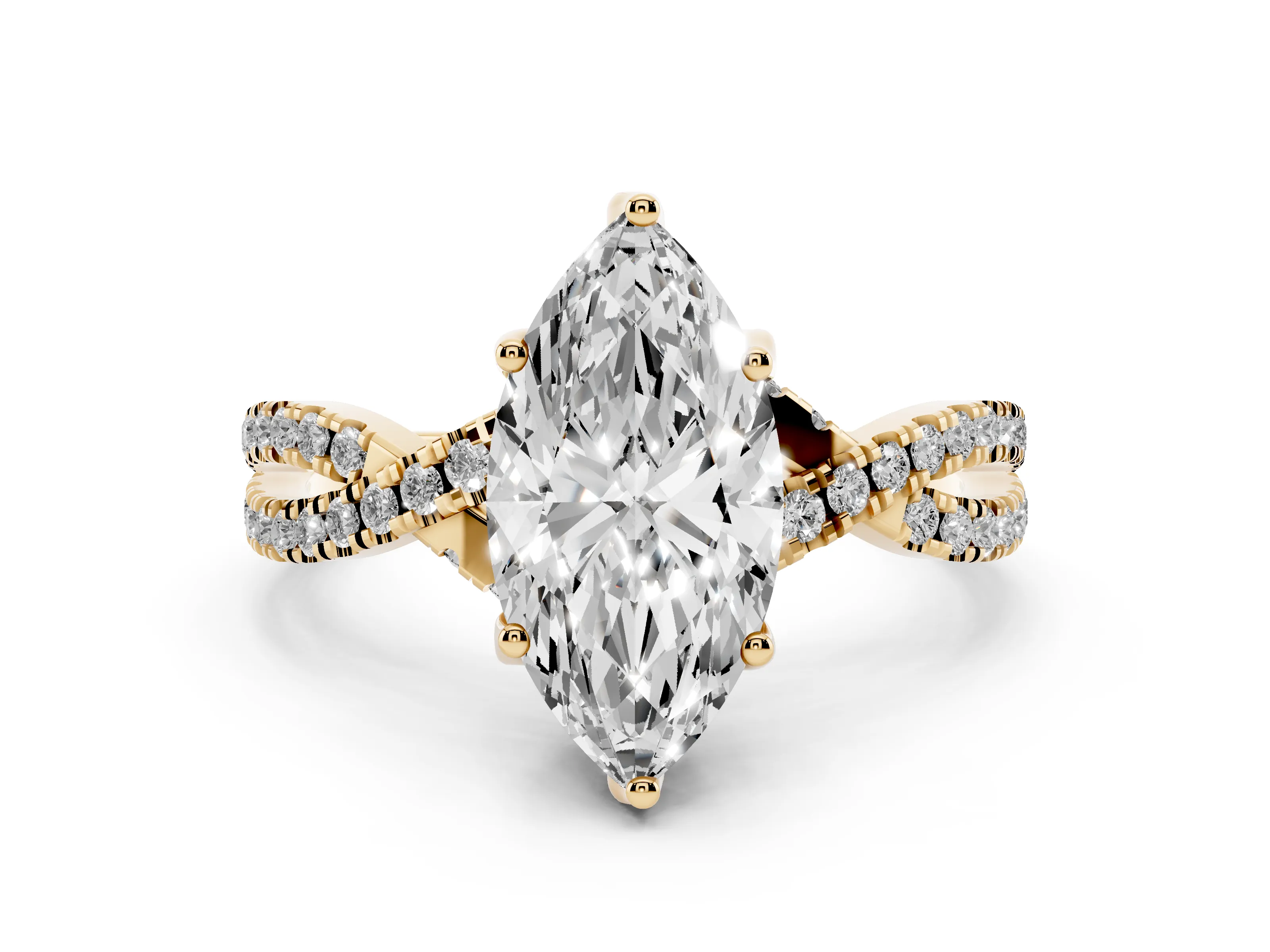 Marquise Cut Diamond Twist Pavé Solitaire Engagement Ring Set in Yellow gold with Prong Setting