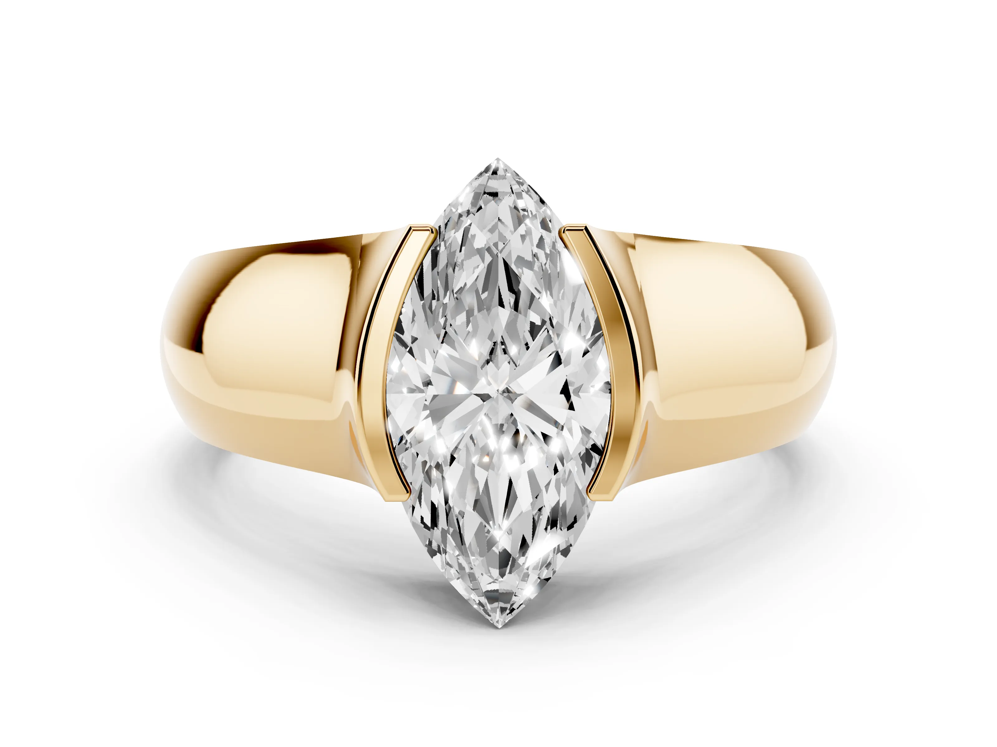 Marquise Cut Diamond Bezel Solitaire Ring Set in Yellow gold with Wide Band