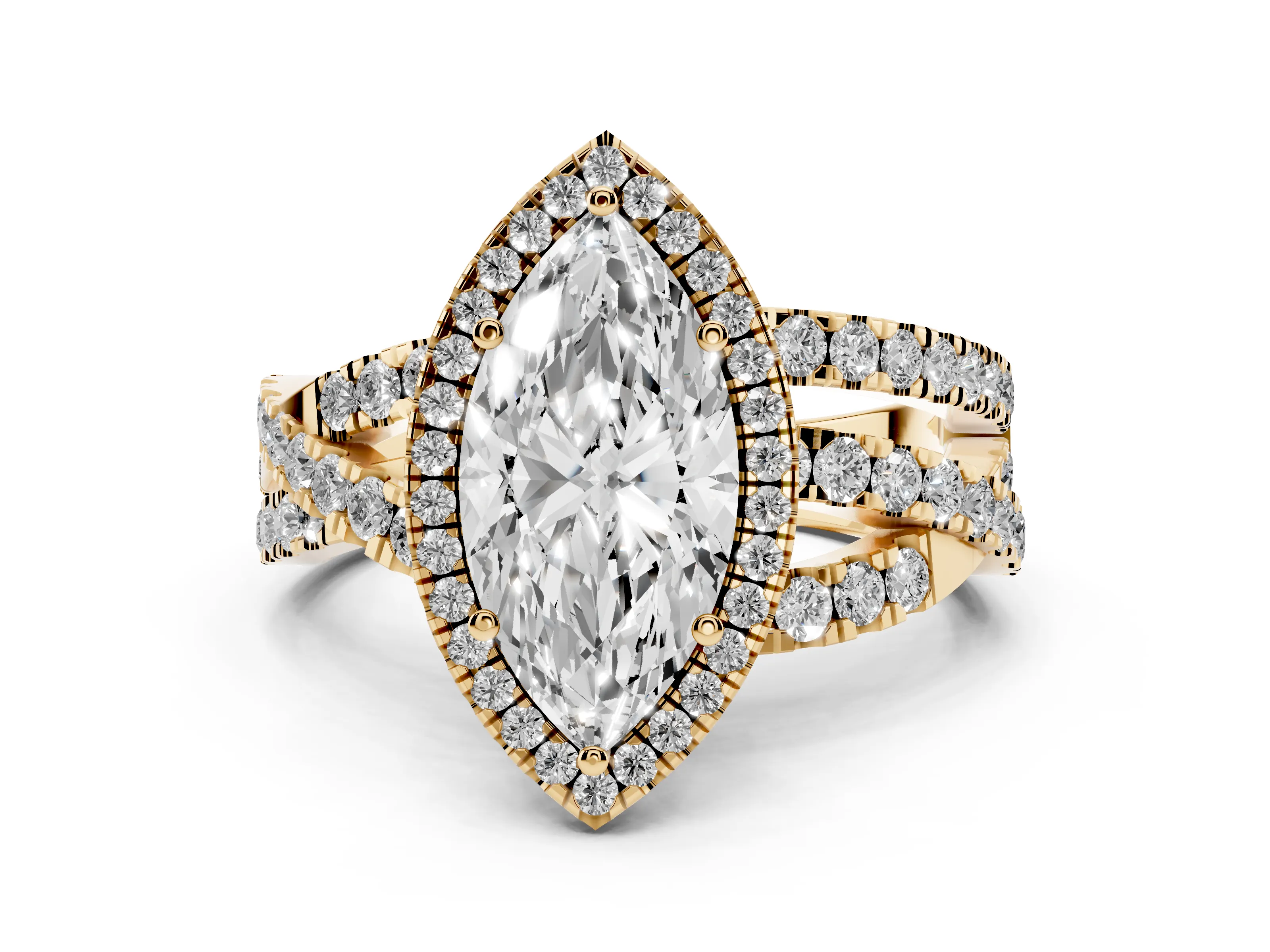 Marquise Cut Diamond Halo Ring Set in Yellow gold with Round Crossover Split Shank and Prong Setting