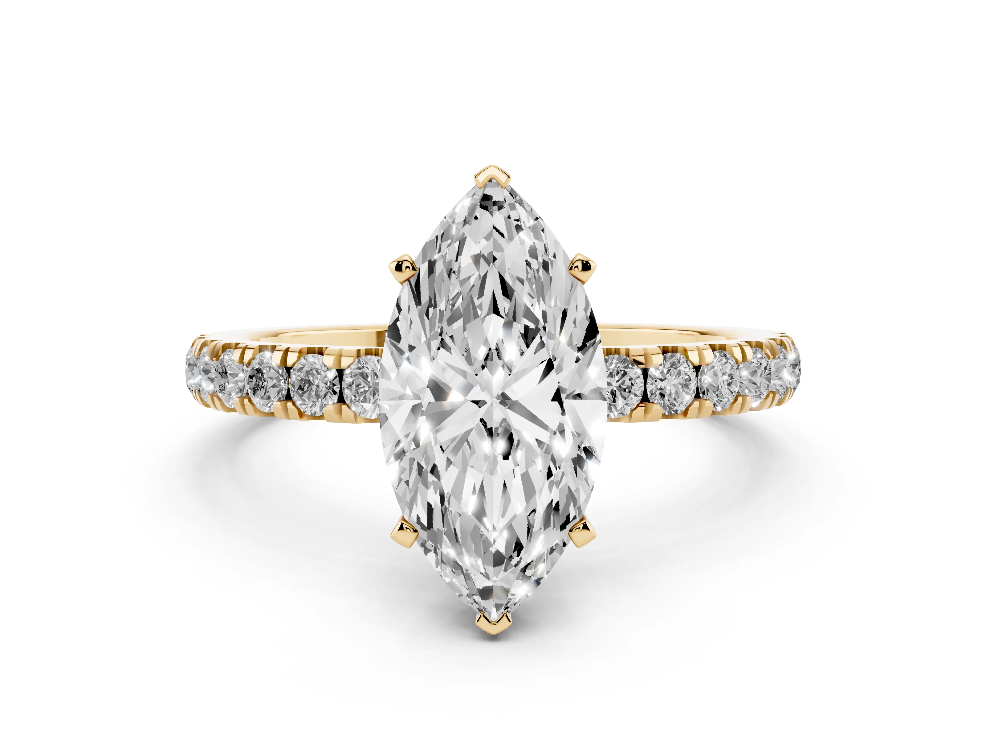 Marquise Cut Diamond Solitaire Ring Set in Yellow gold with Pavé Accents and Prong Setting