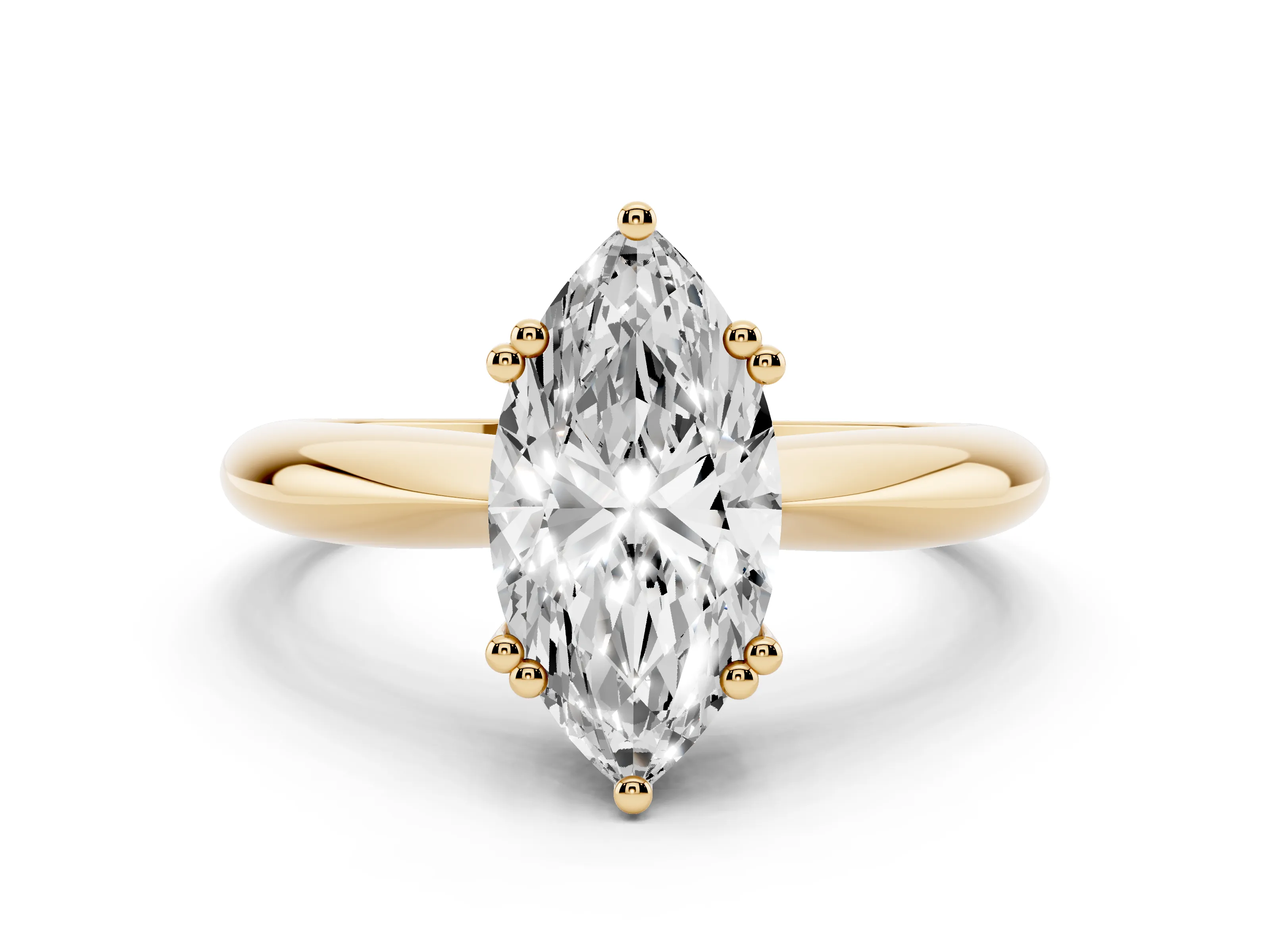 Marquise Cut Diamond Solitaire Engagement Ring Set in Yellow gold with Tapered Band and Prong Setting