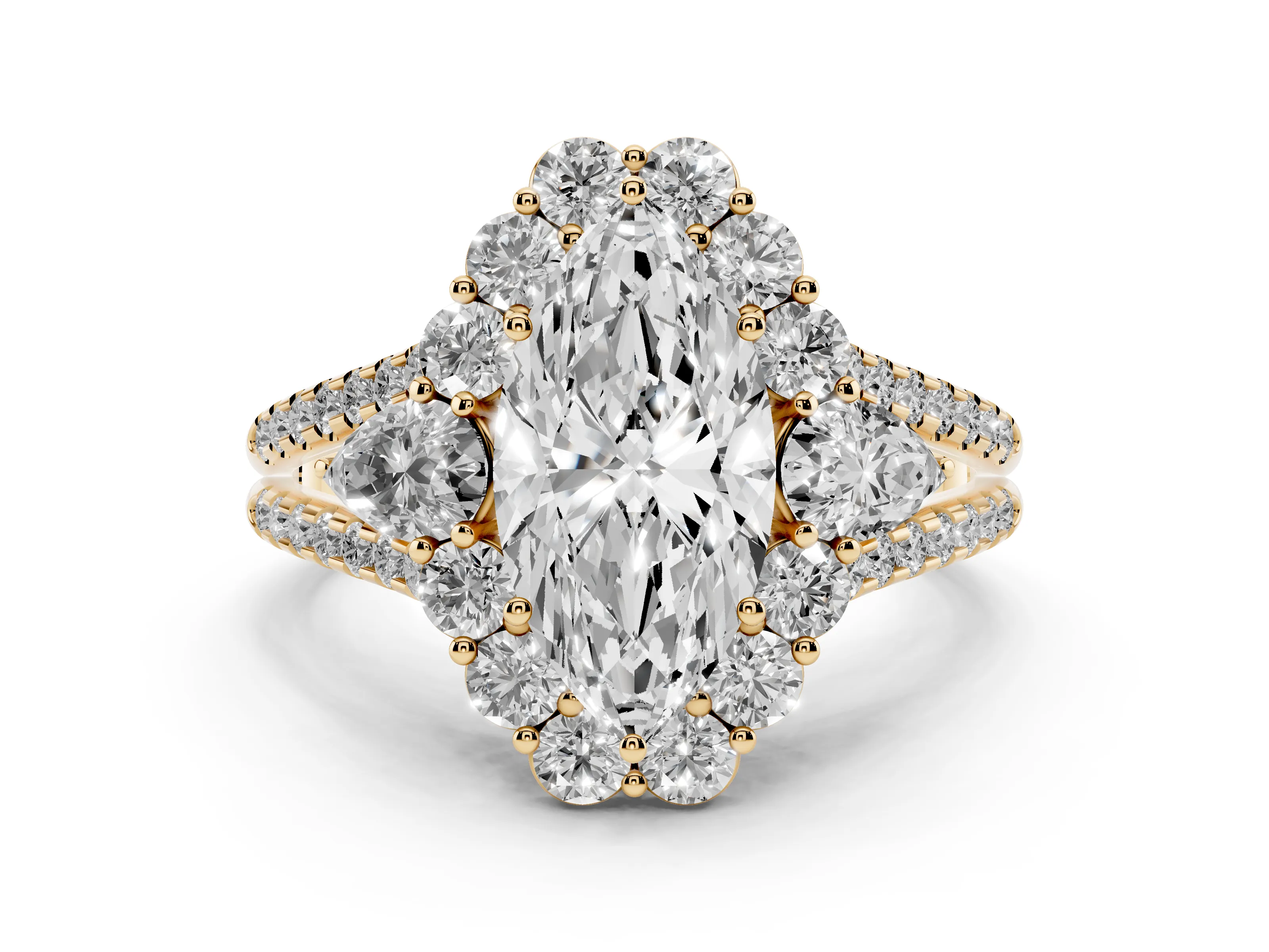 Marquise Cut Diamond Halo Split Shank Engagement Ring Set in Yellow gold with Prong-Held Center Stone