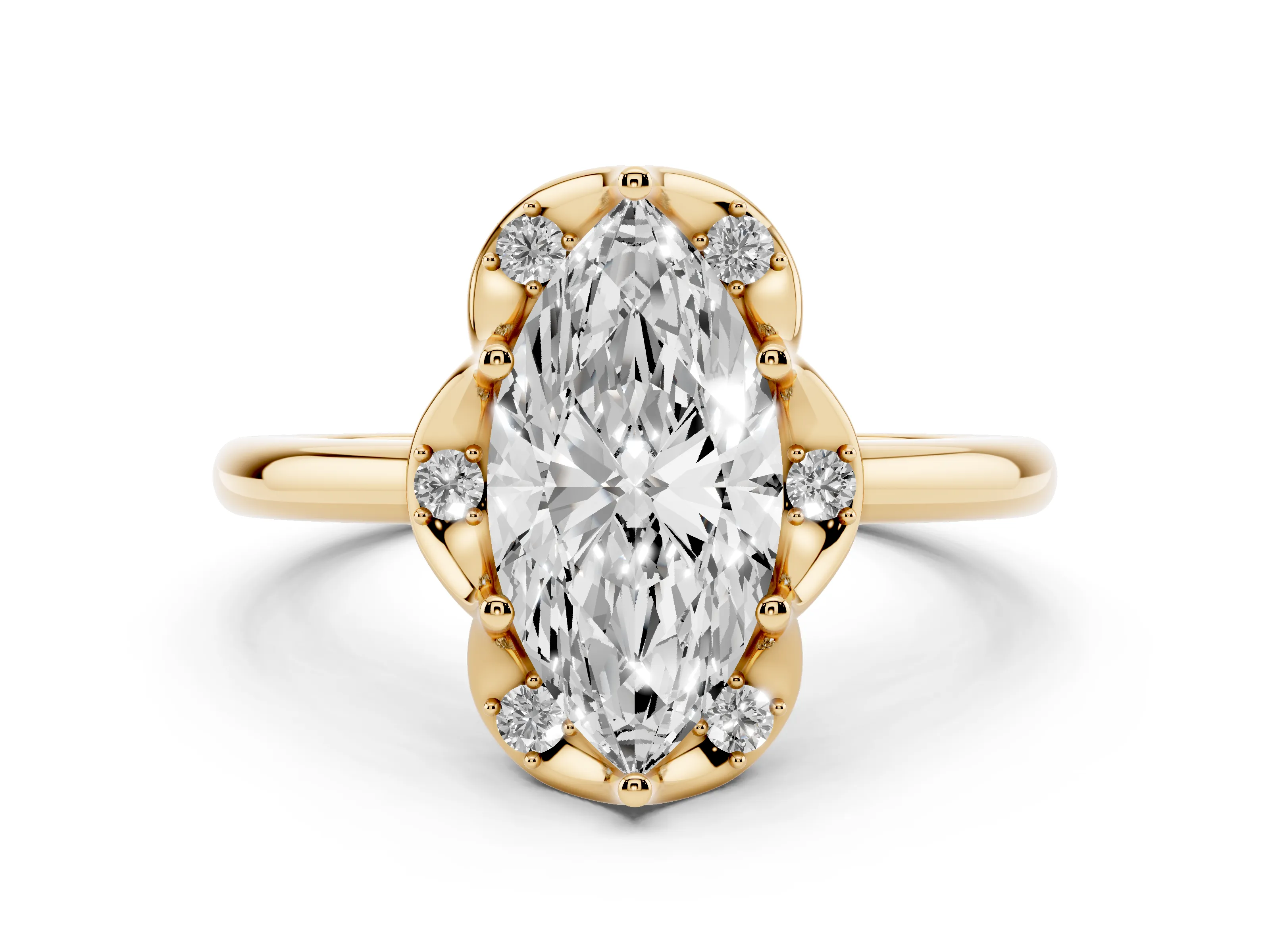 Marquise Cut Diamond Round Cluster Halo Ring Set in Yellow gold with Solitaire Band and Prong Setting