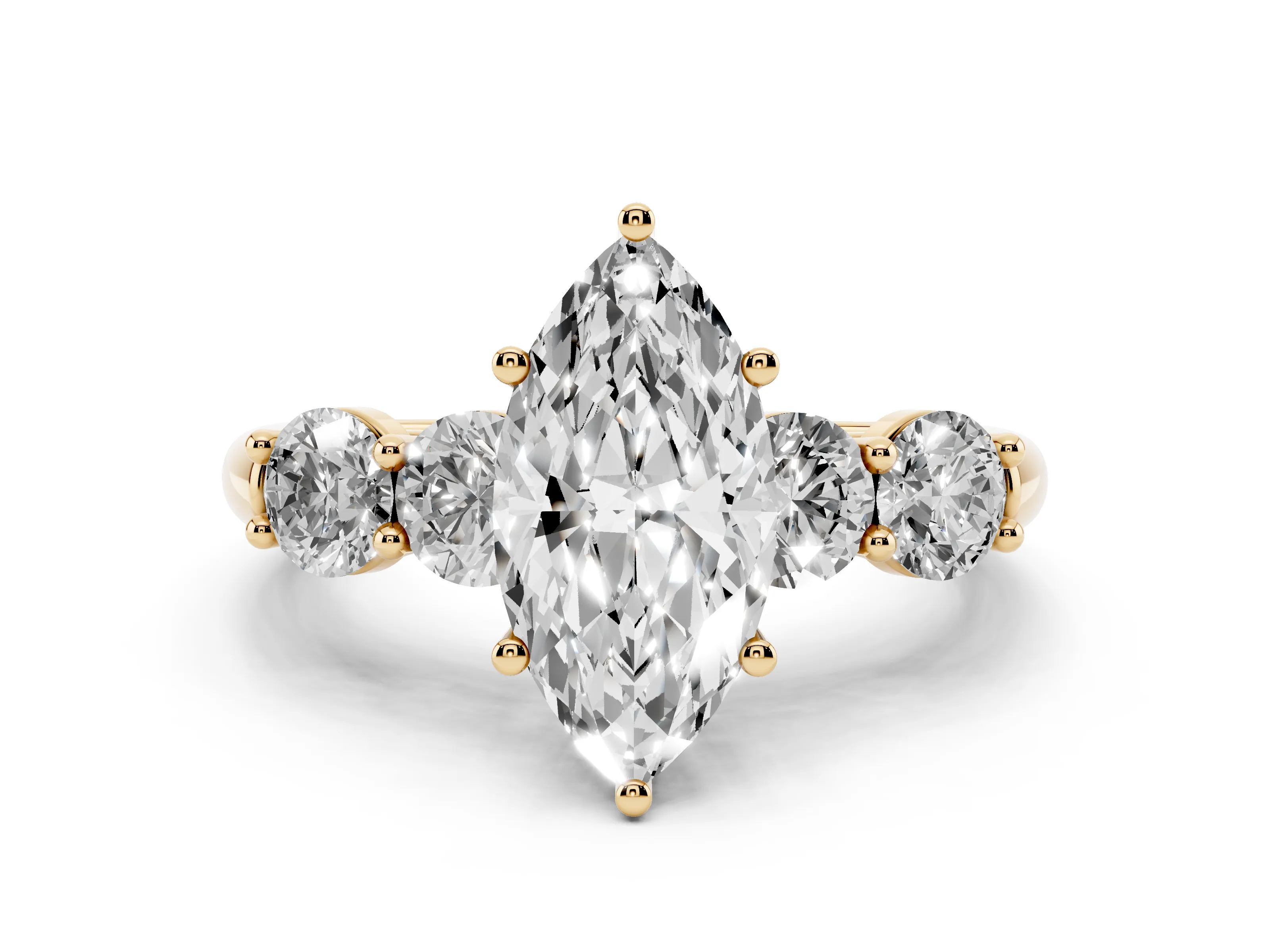 Marquise Cut Diamond Five-Stone Prong Set Ring Set in Yellow gold with Classic Band