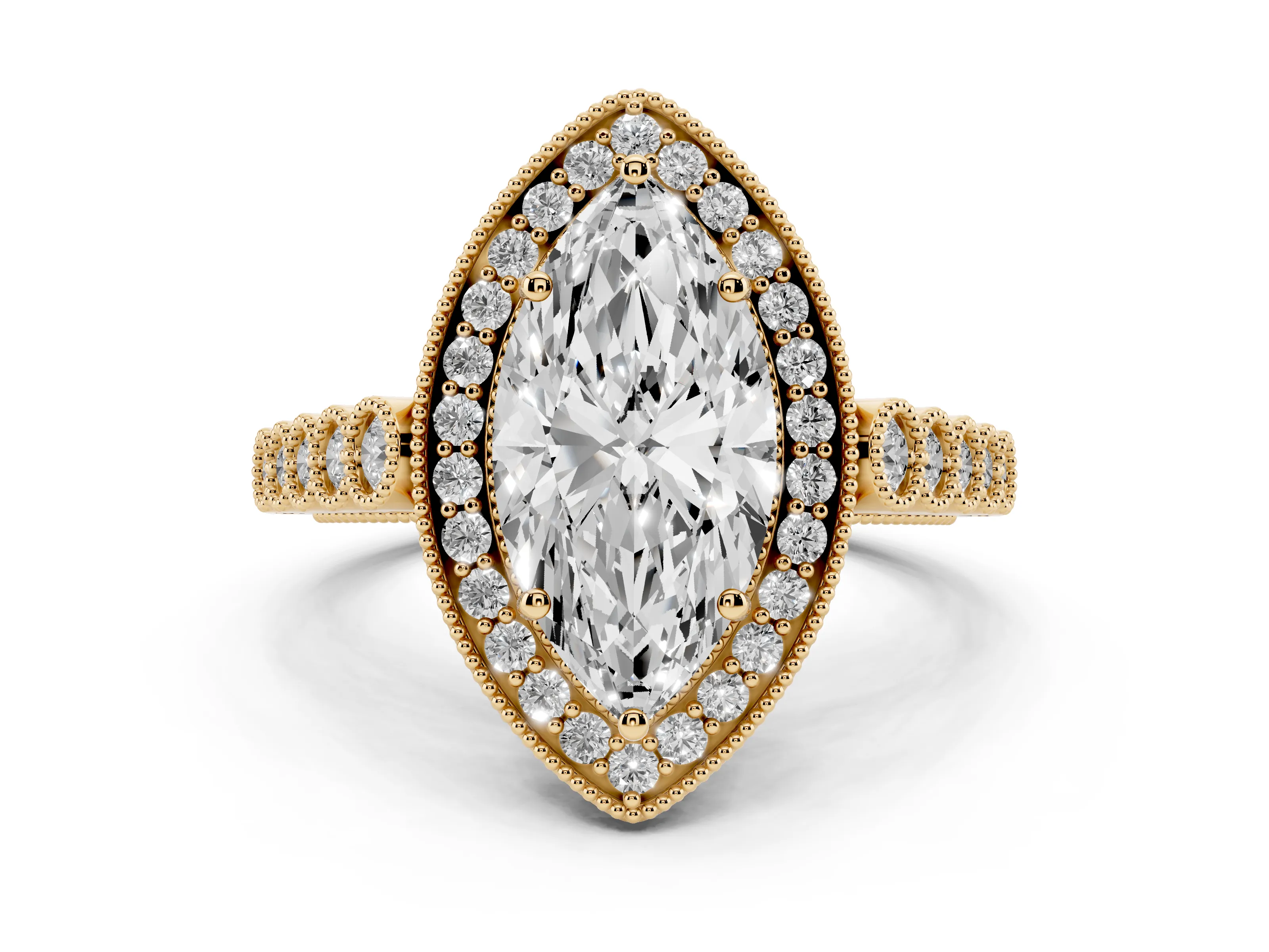 Marquise Cut Diamond Milgrain Halo Solitaire Ring Set in Yellow gold with Bezel Set Side Stones and Pavé Band
