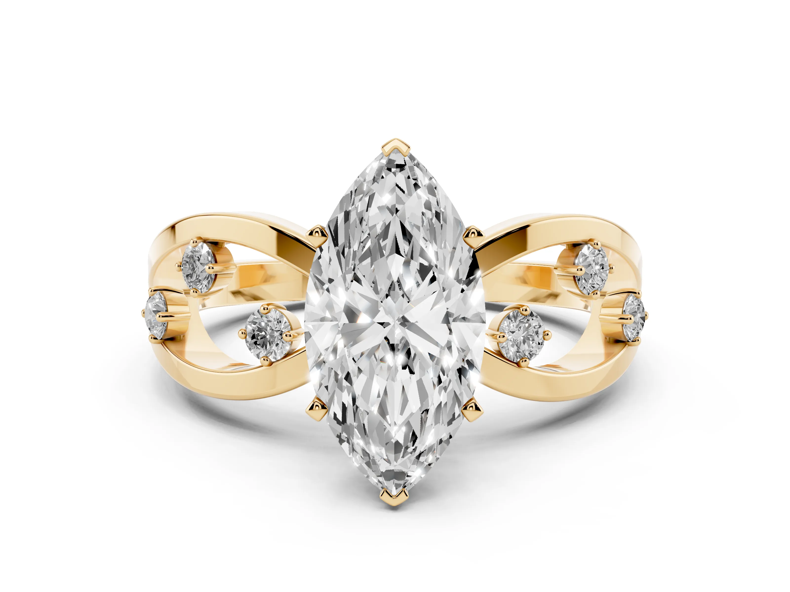 Marquise Cut Diamond Solitaire Ring Set in Yellow gold with Side Stones on Criss-Cross Band and Prong Setting