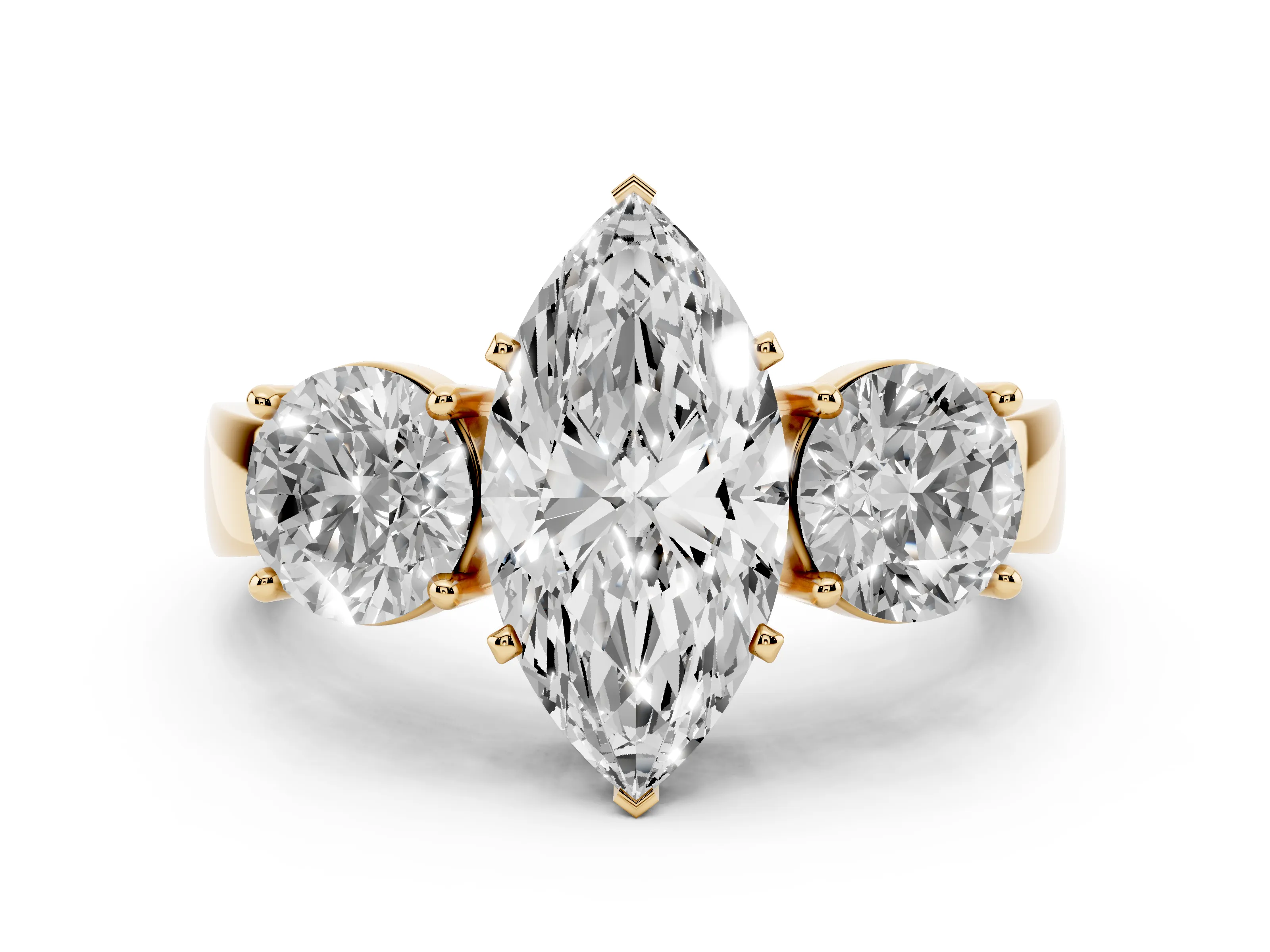Marquise Cut Diamond Three-Stone Ring Set in Yellow gold with Round Side Stones and Classic Band