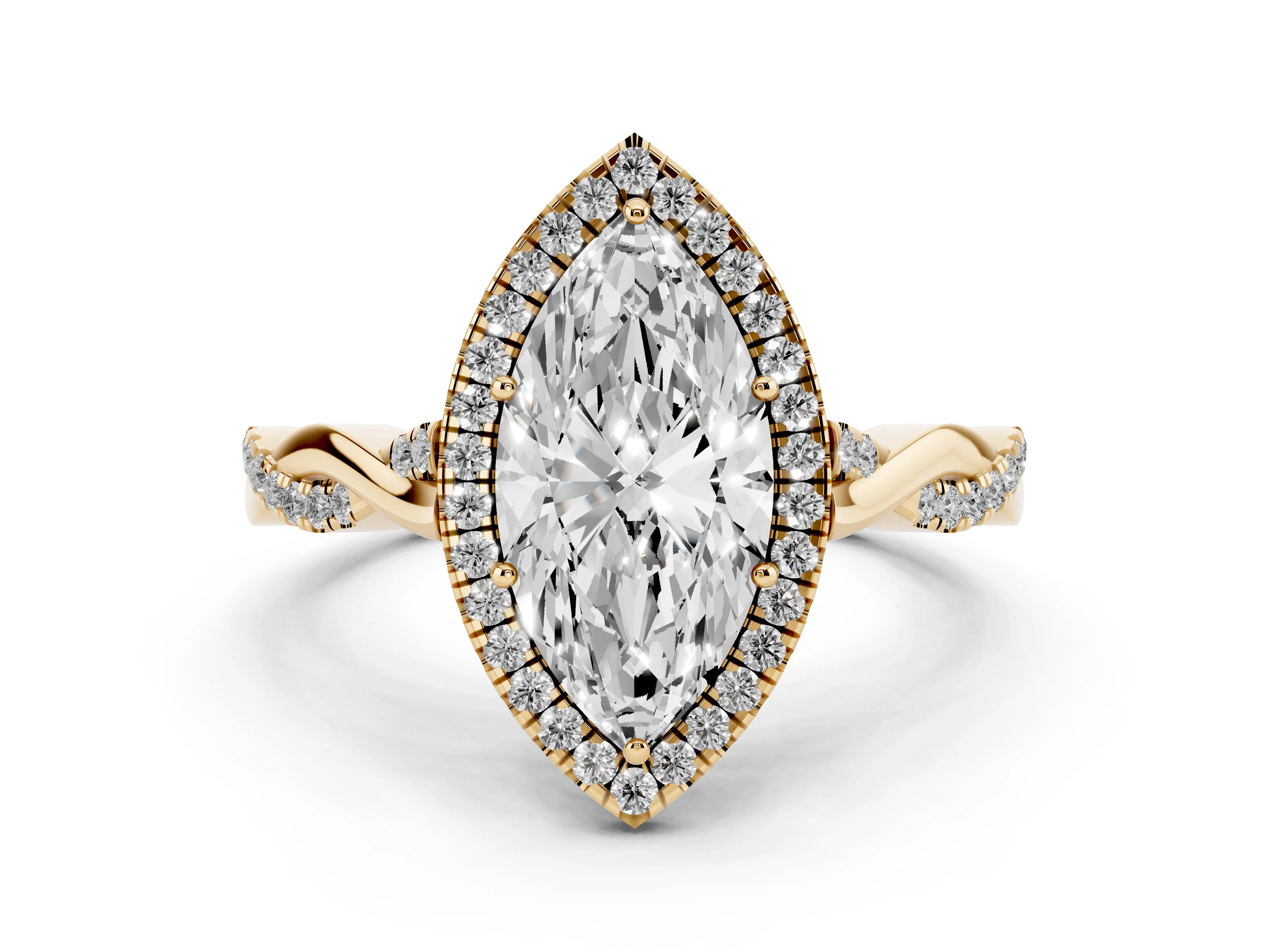 Marquise Cut Diamond Halo Twist Band Solitaire Ring Set in Yellow gold with Prong Setting