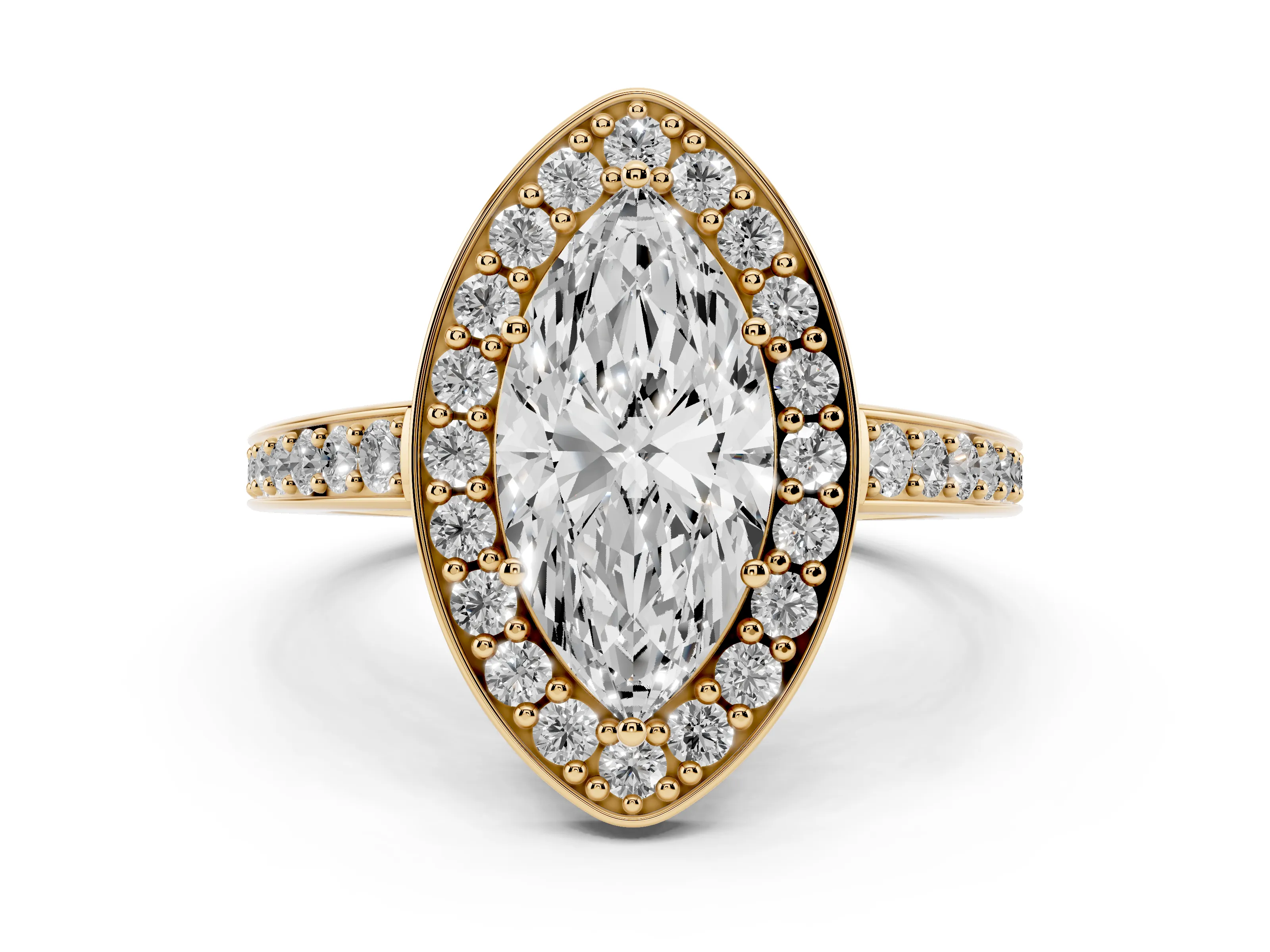 Marquise Cut Diamond Halo Pavé Engagement Ring Set in Yellow gold with Bezel Setting