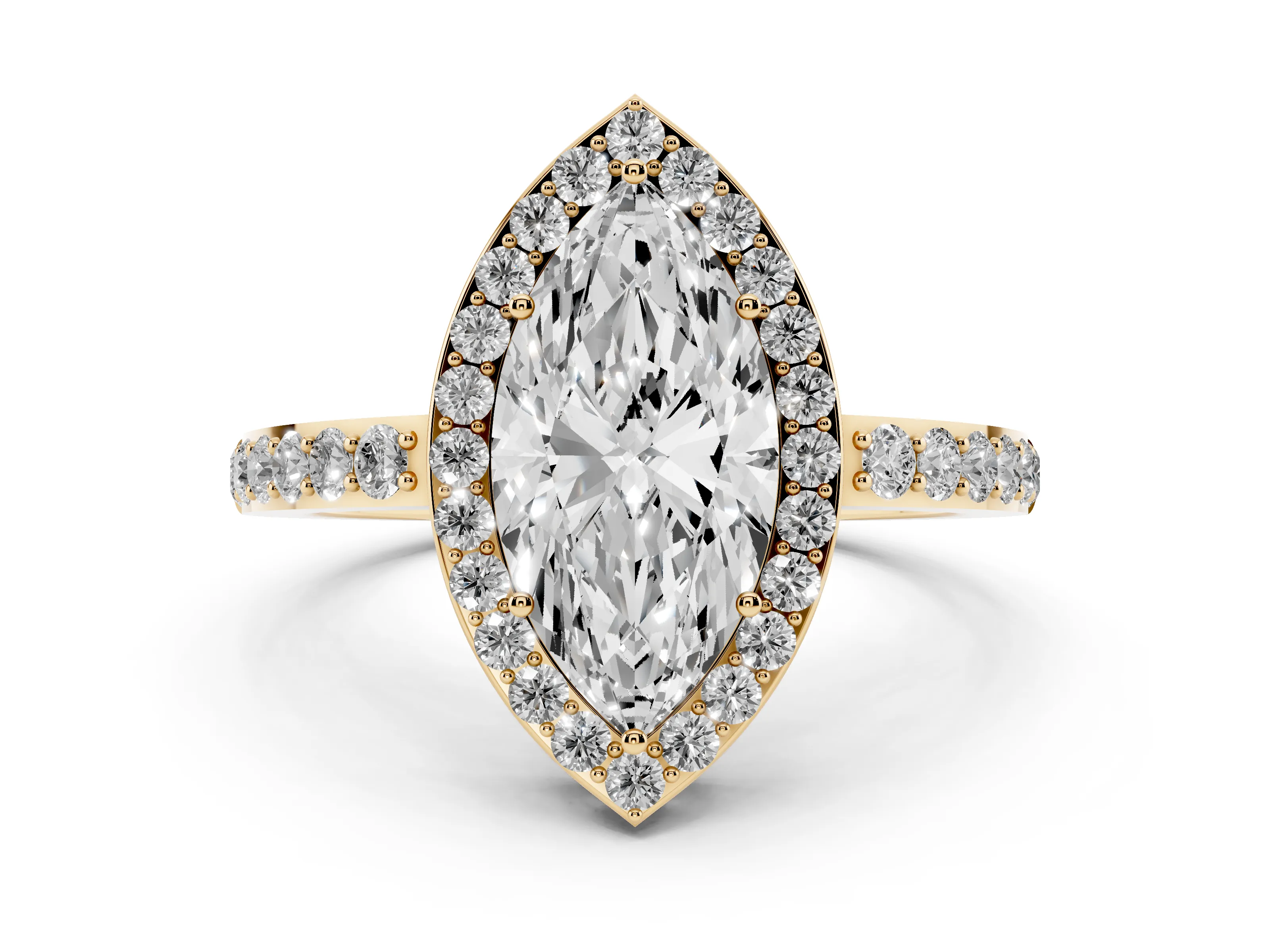 Marquise Cut Diamond Halo Ring Set in Yellow gold with Pavé-Setting Band and Open Prong Center