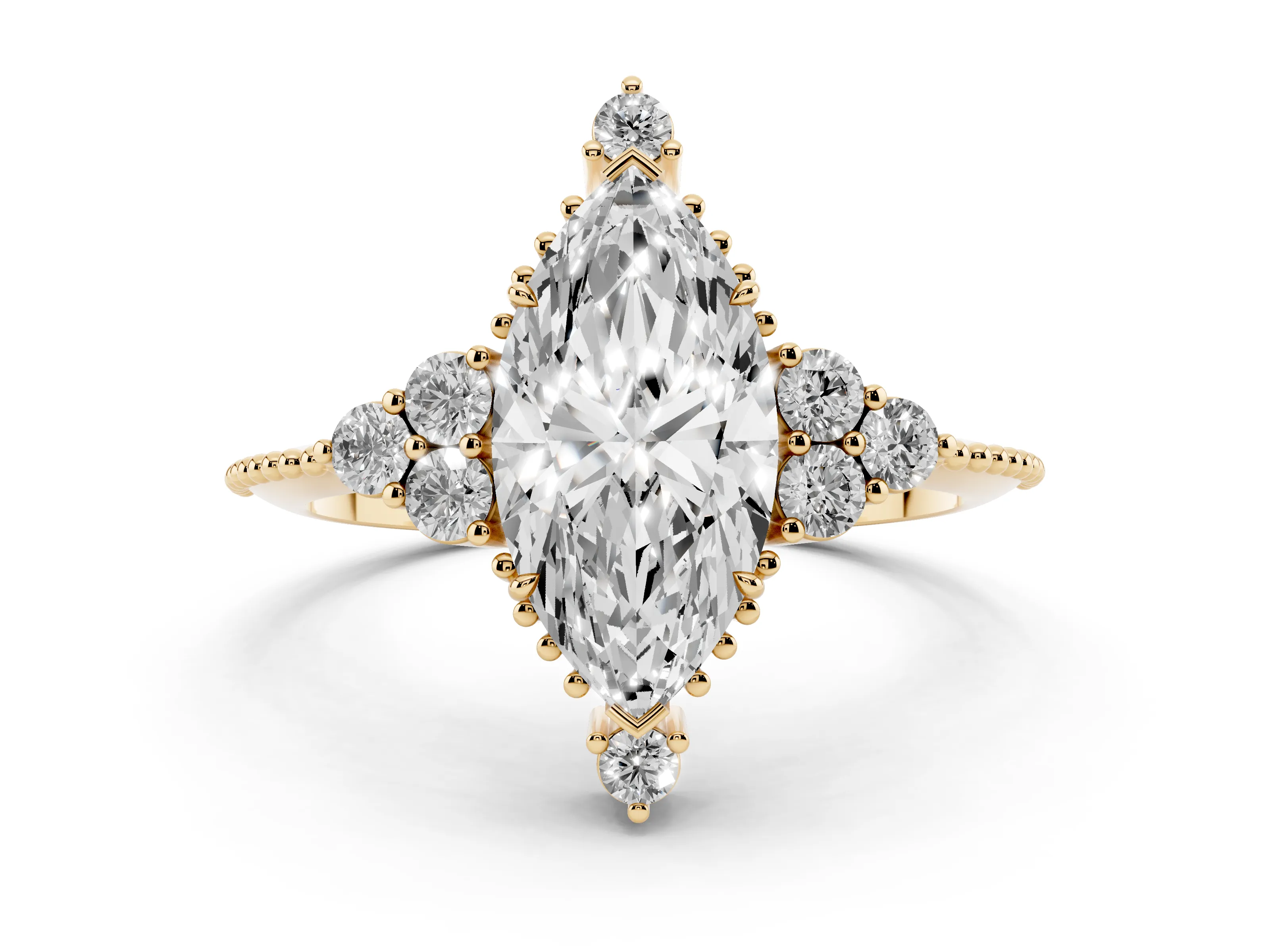Marquise Cut Diamond Cluster Ring Set in Yellow gold with Beaded Band