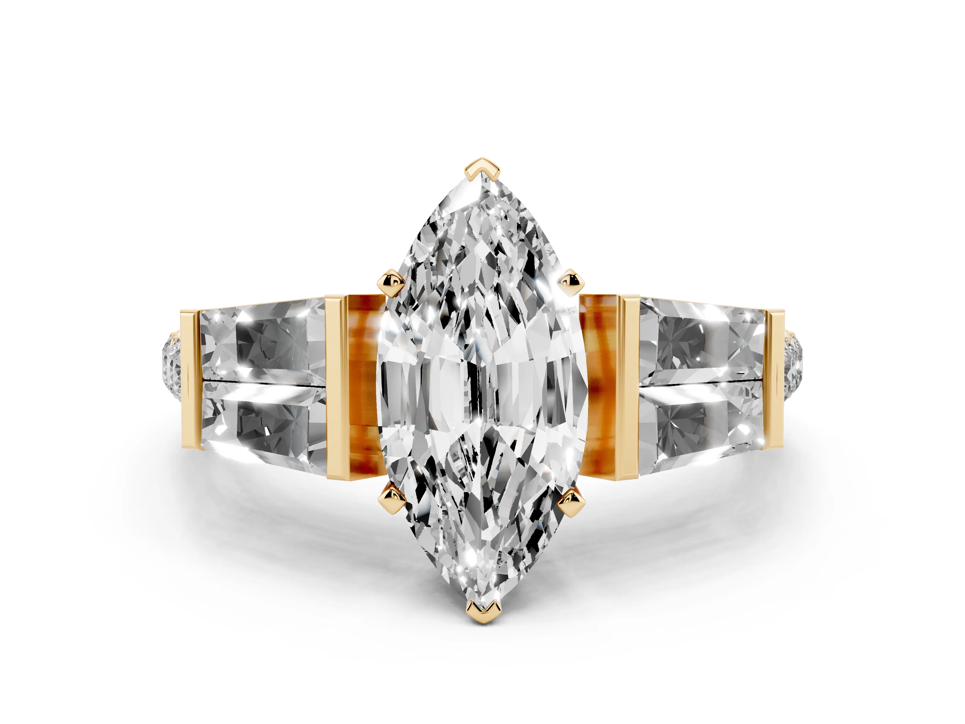 Marquise Cut Diamond Engagement Ring Set in Yellow gold with Baguette Side Stones and Channel Set Band