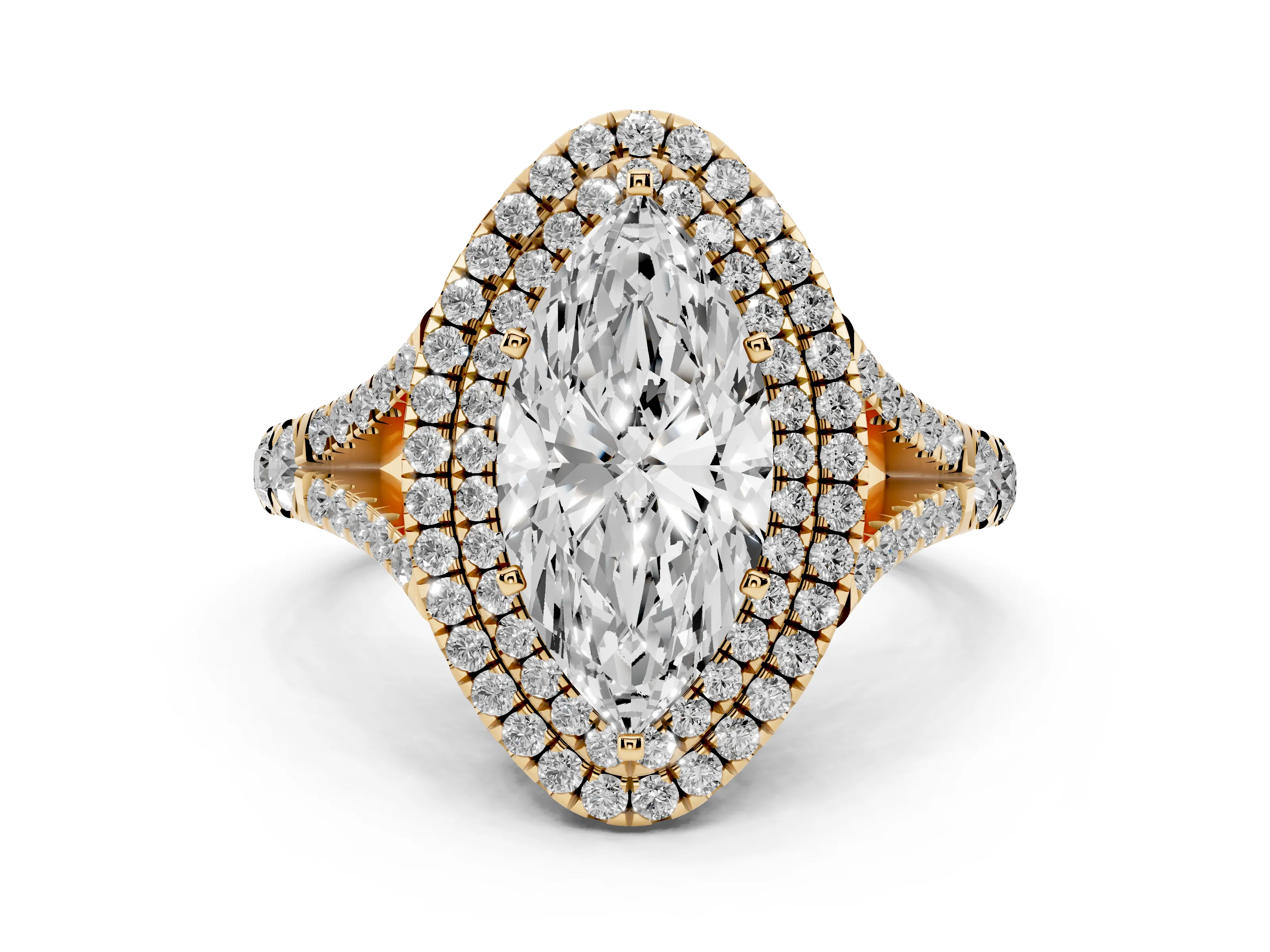 Marquise Cut Diamond Pavé Split Shank Double Halo Engagement Ring Set in Yellow gold