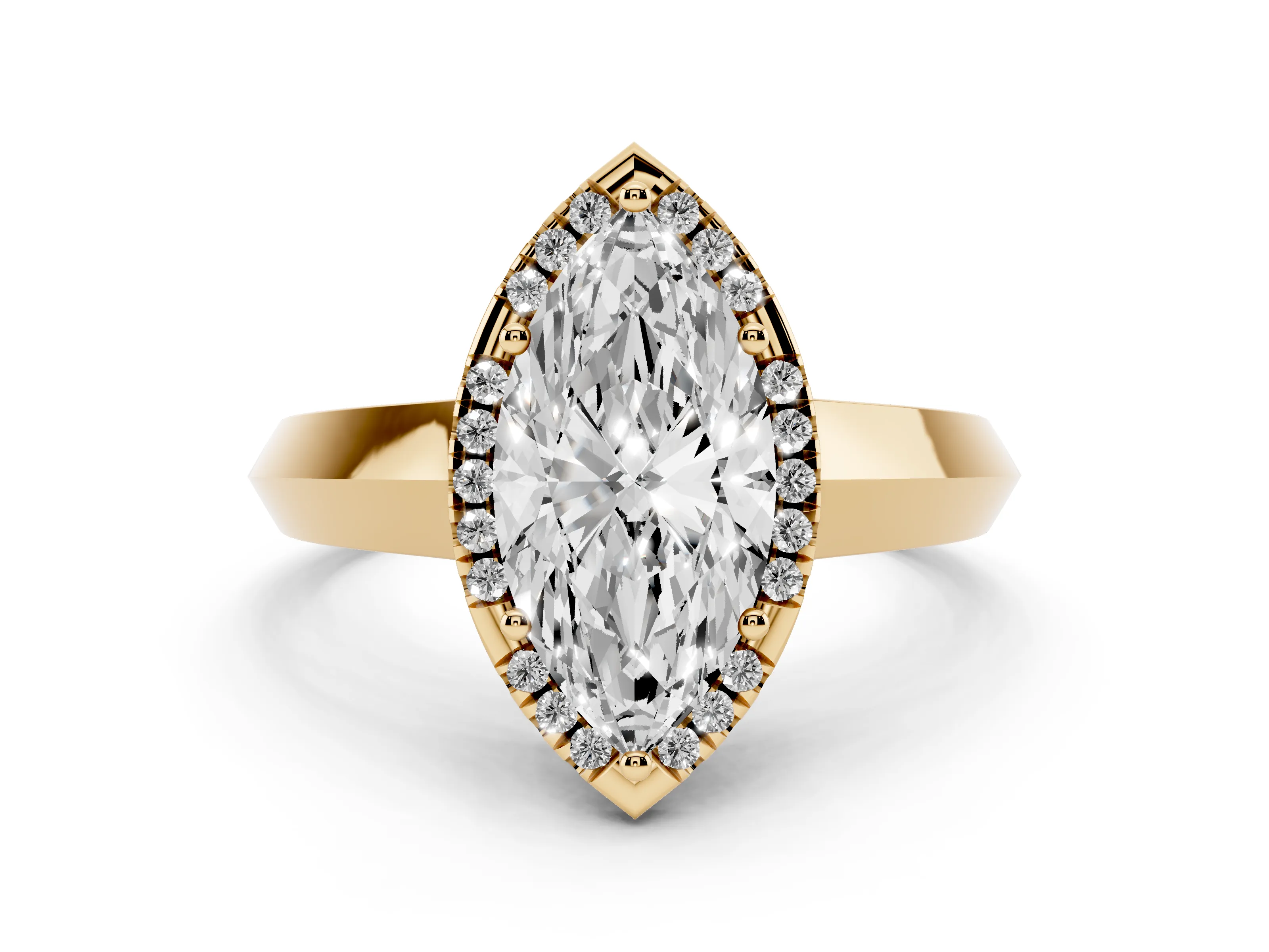 Marquise Cut Diamond Halo Ring Set in Yellow gold with Cathedral Band and Prong Setting