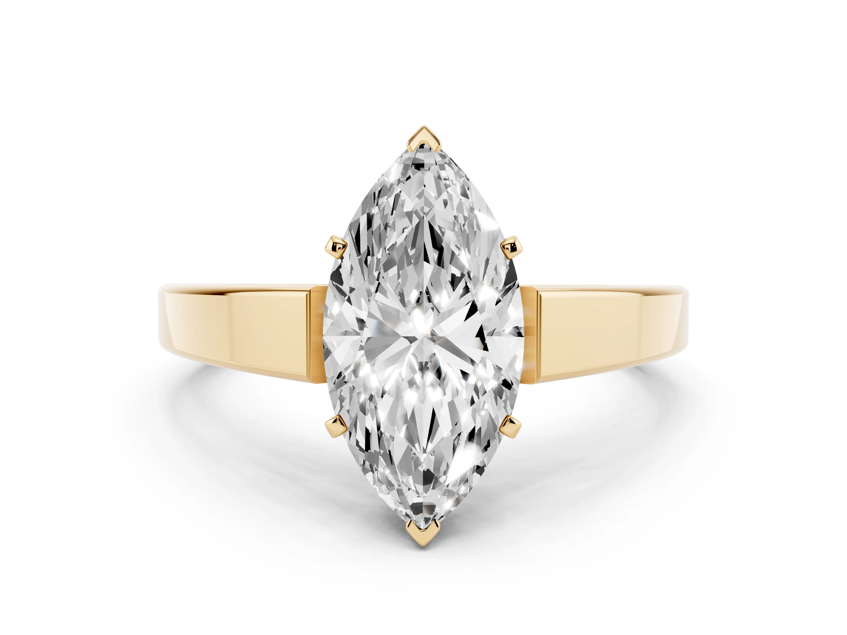 Marquise Cut Diamond Solitaire Engagement Ring Set in Yellow gold with Prong Setting and Tapered Band