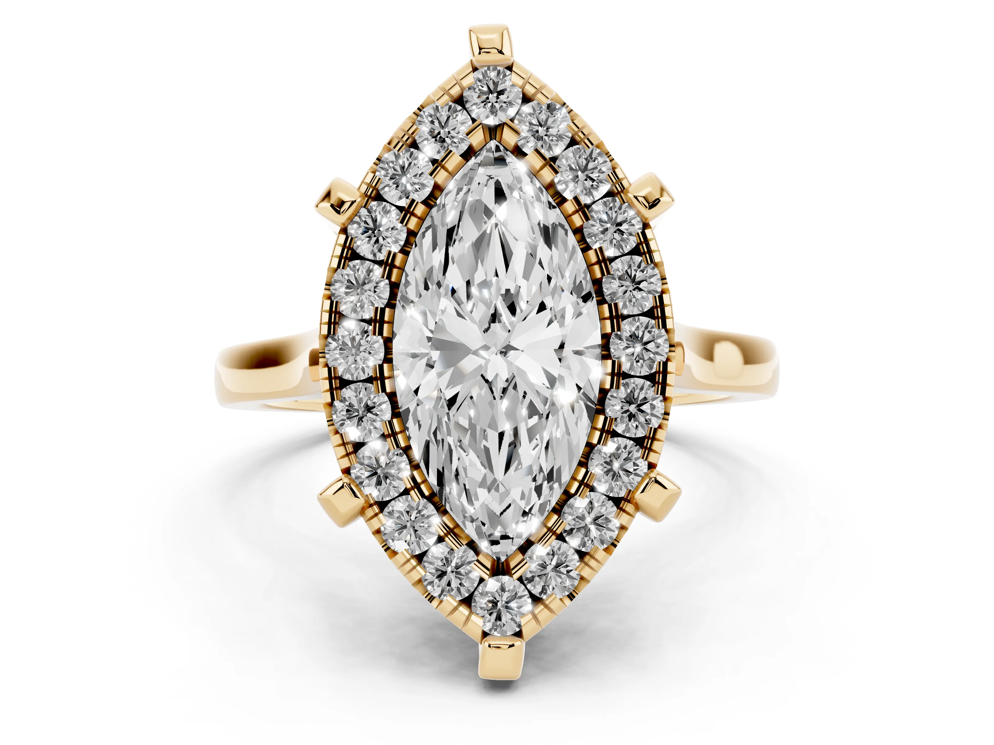 Marquise Cut Diamond Cluster Halo Solitaire Ring Set in Yellow gold with Prong Setting