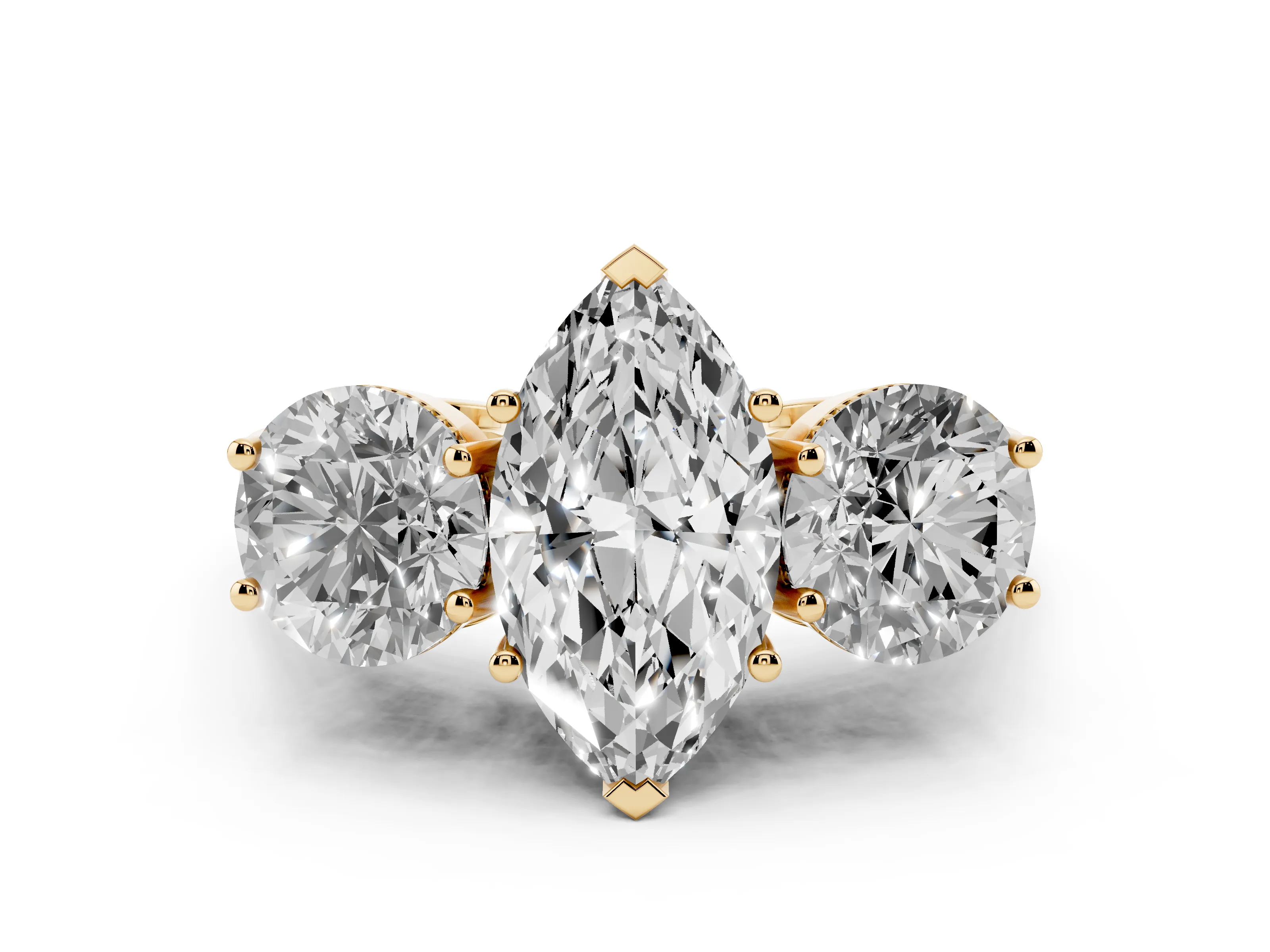 Marquise Cut Diamond Three-Stone Engagement Ring Set in Yellow gold with Polished Band
