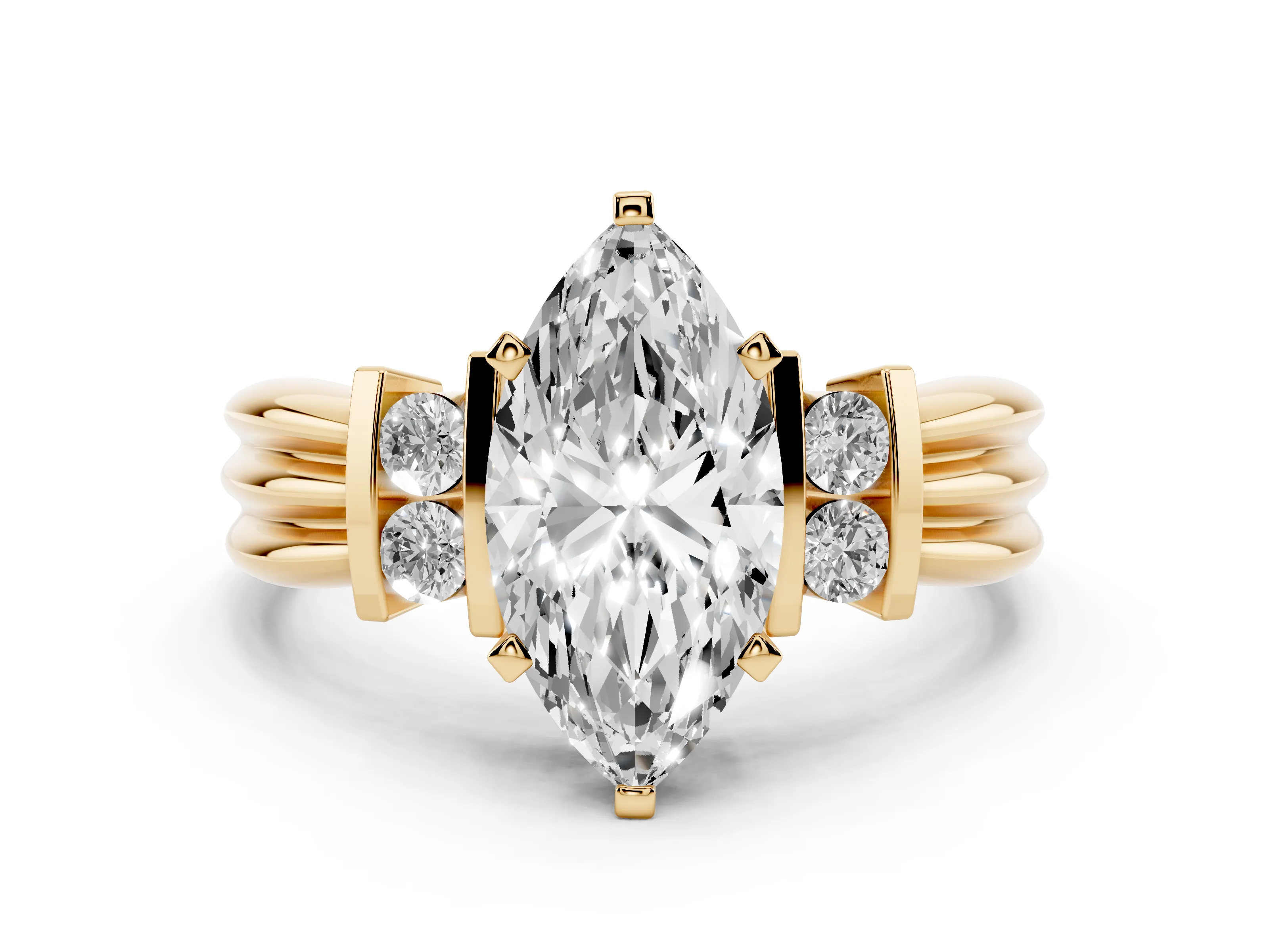 Three-Stone Marquise Cut Diamond Channel Set Ring Set in Yellow gold with Bar Prongs