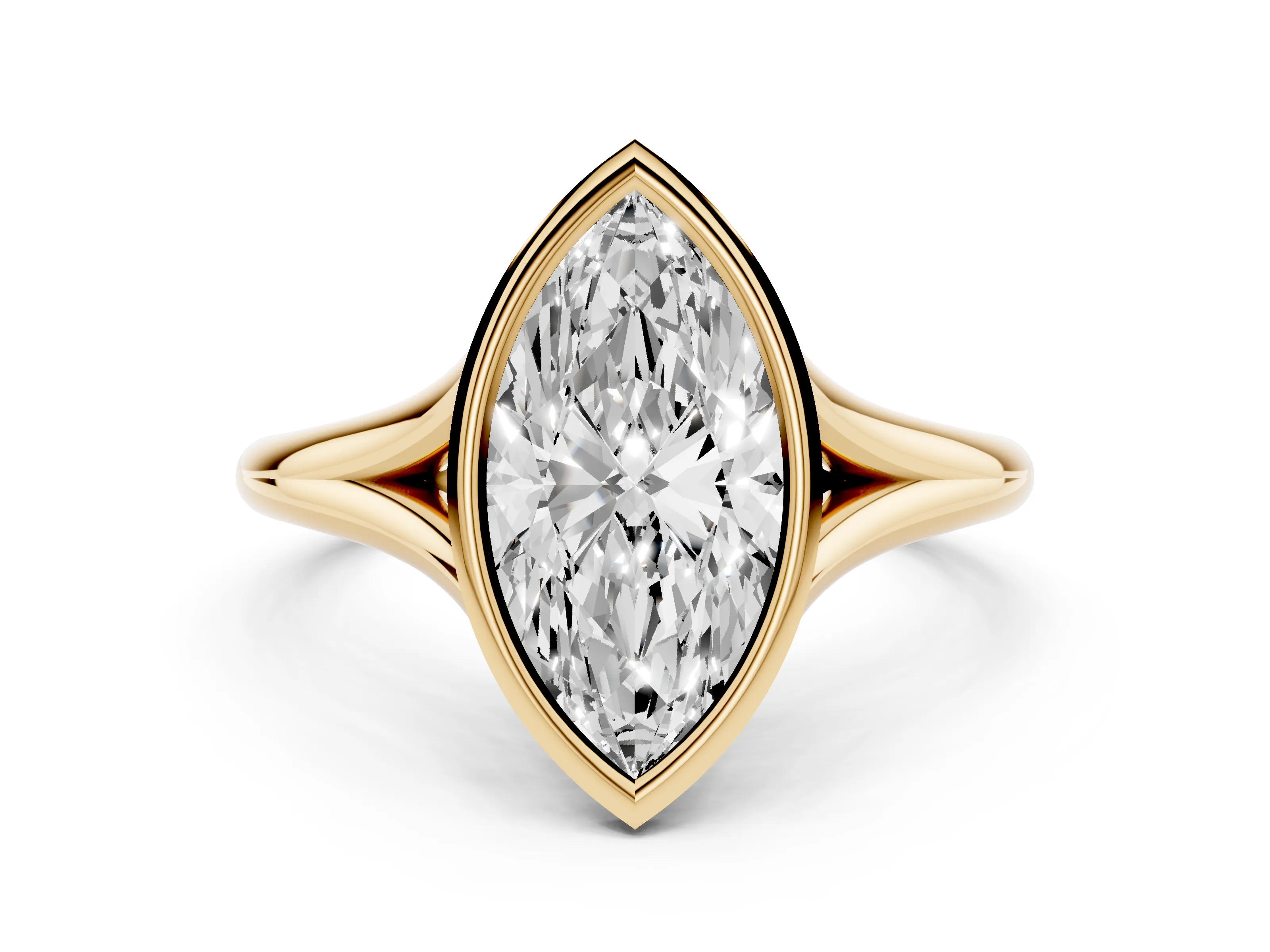 Bezel Set Marquise Cut Diamond Solitaire Ring Set in Yellow gold with Tapered Band