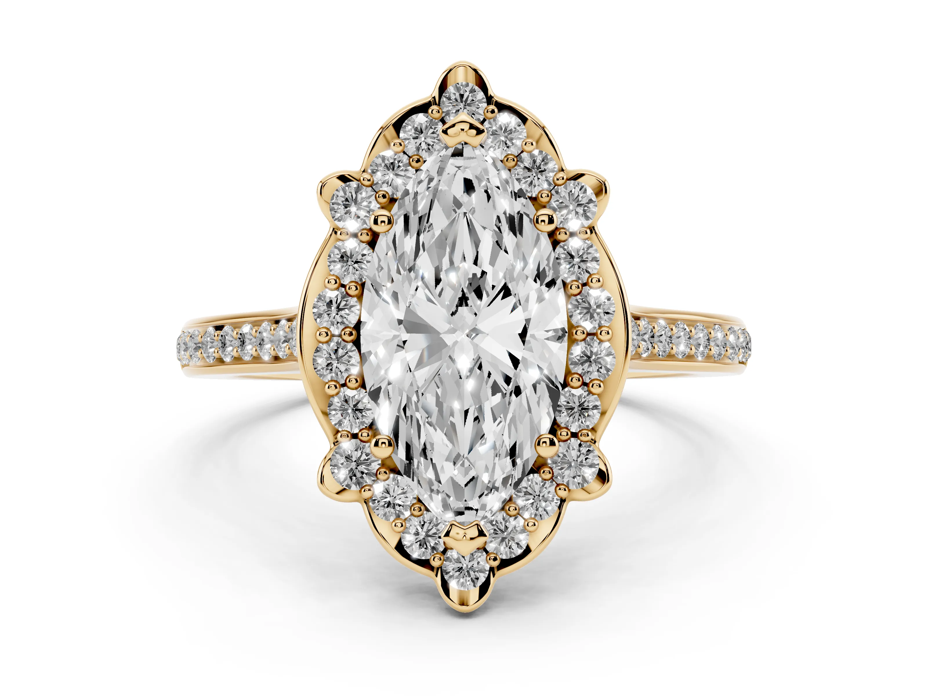 Marquise Cut Diamond Halo Ring Set in Yellow gold with Pavé-Lined Shoulders and Prong Setting