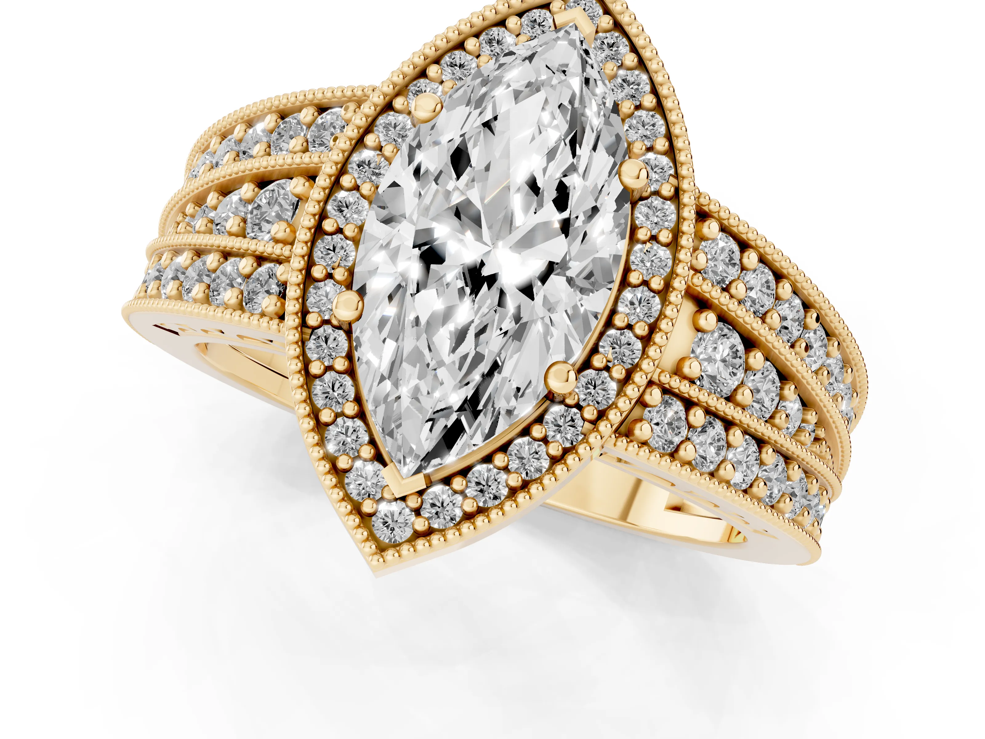 Marquise Cut Diamond Halo Ring Set in Yellow gold with Accent Split Shank and Prong Setting