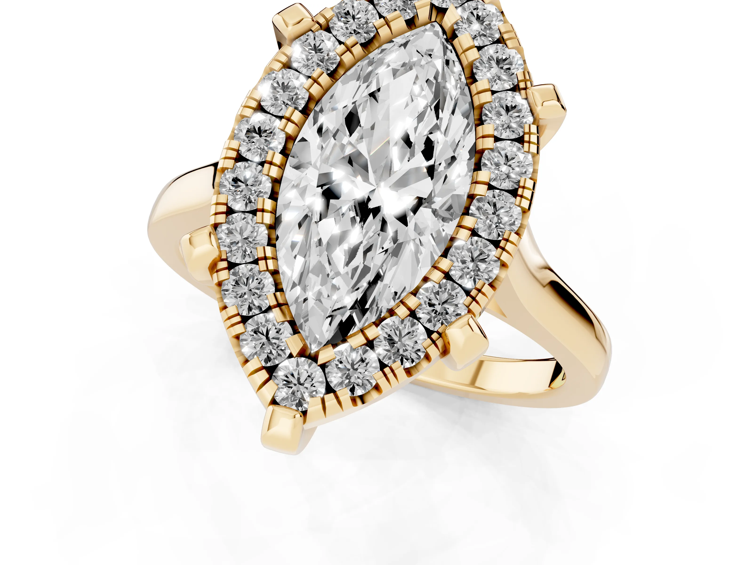 Marquise Cut Diamond Cluster Halo Solitaire Ring Set in Yellow gold with Prong Setting – second view