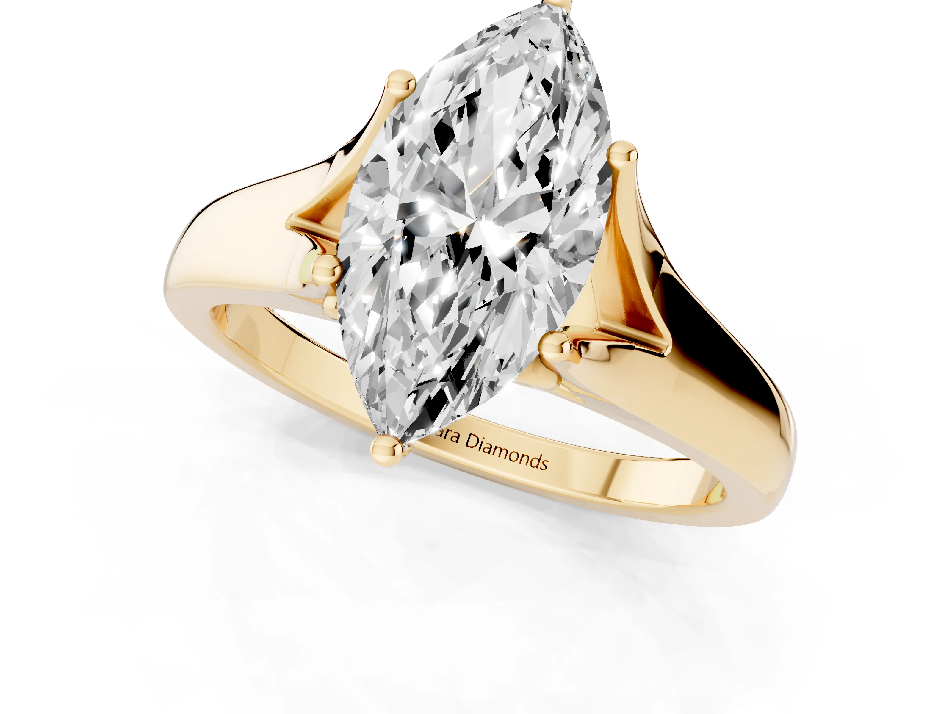 Marquise Cut Diamond Solitaire Ring Set in Yellow gold with Arched Cathedral Band and Prong Setting