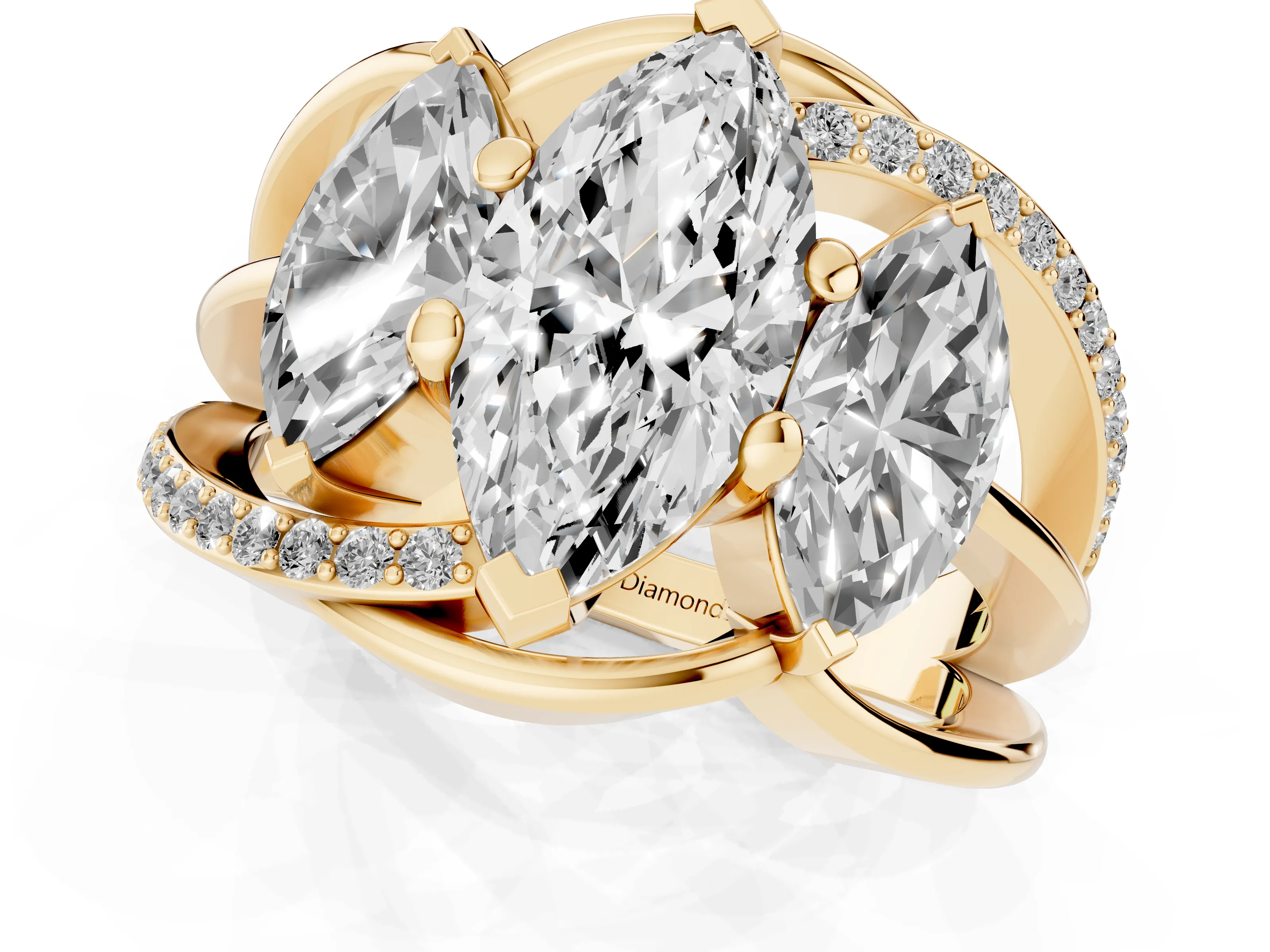 Marquise Cut Diamond Three-Stone Ring Set in Yellow gold with Split Shank and Prong Setting