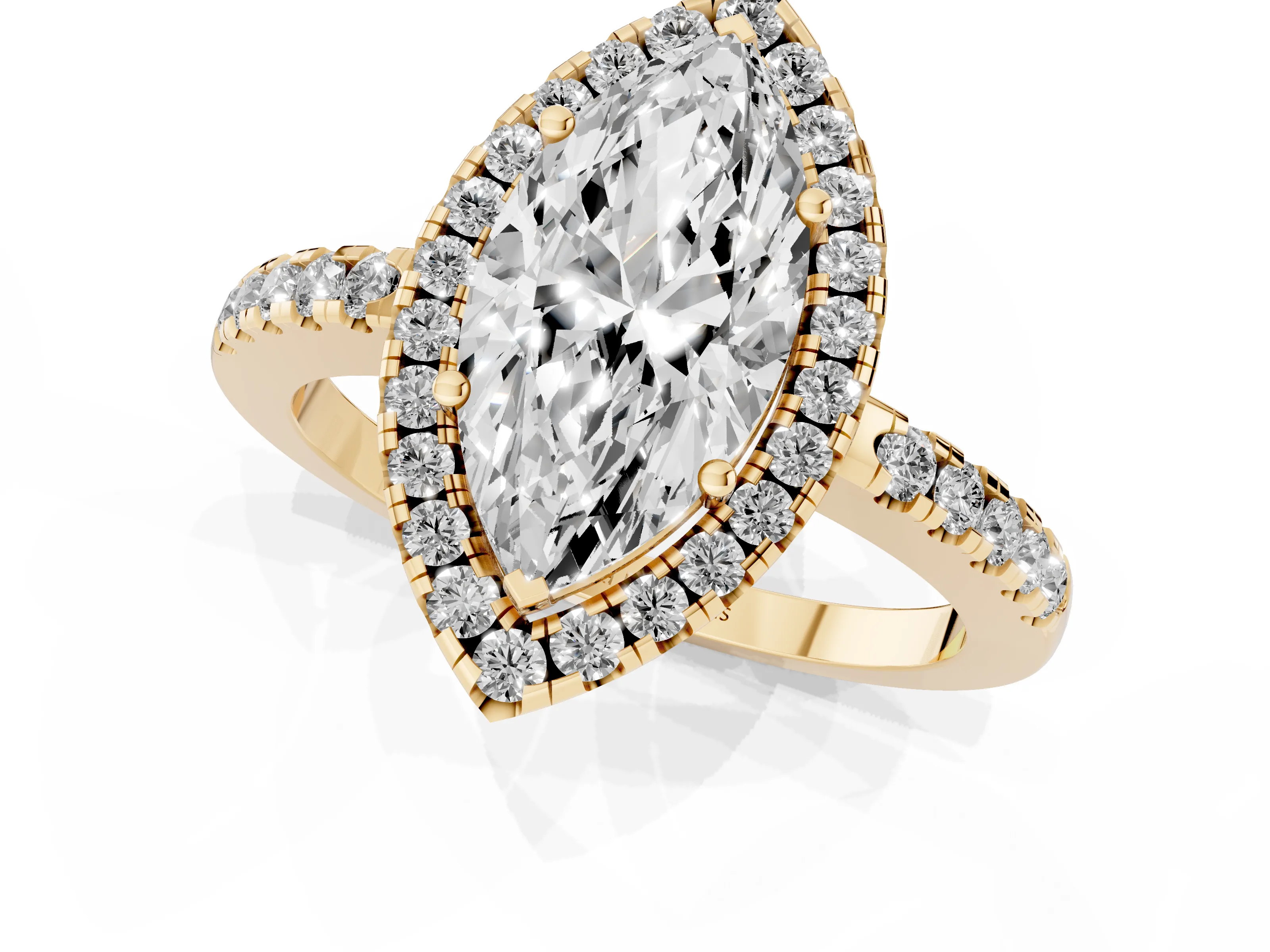 Marquise Cut Diamond Pavé Band Halo Engagement Ring Set in Yellow gold with Prong Setting