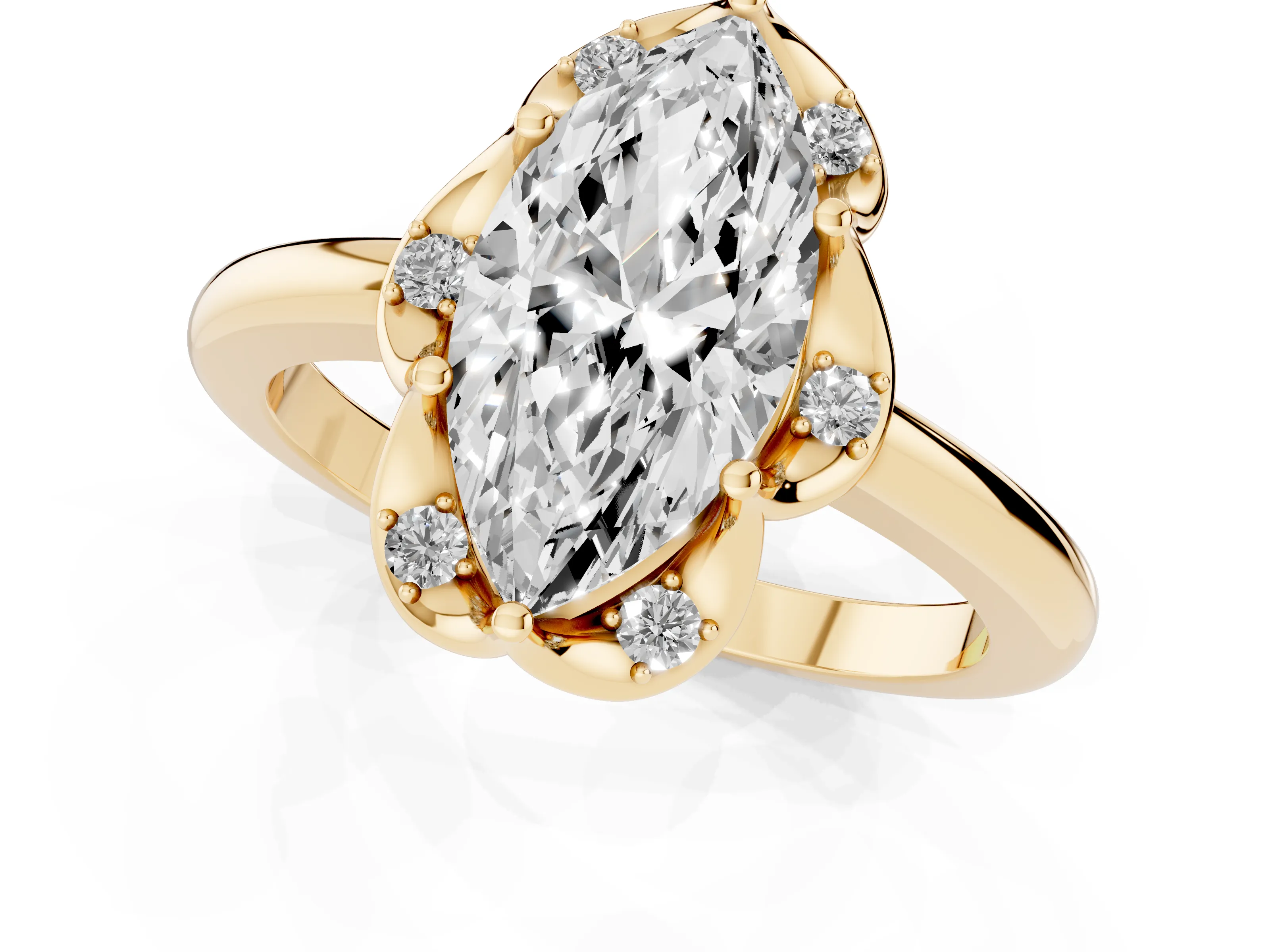 Marquise Cut Diamond Round Cluster Halo Ring Set in Yellow gold with Solitaire Band and Prong Setting