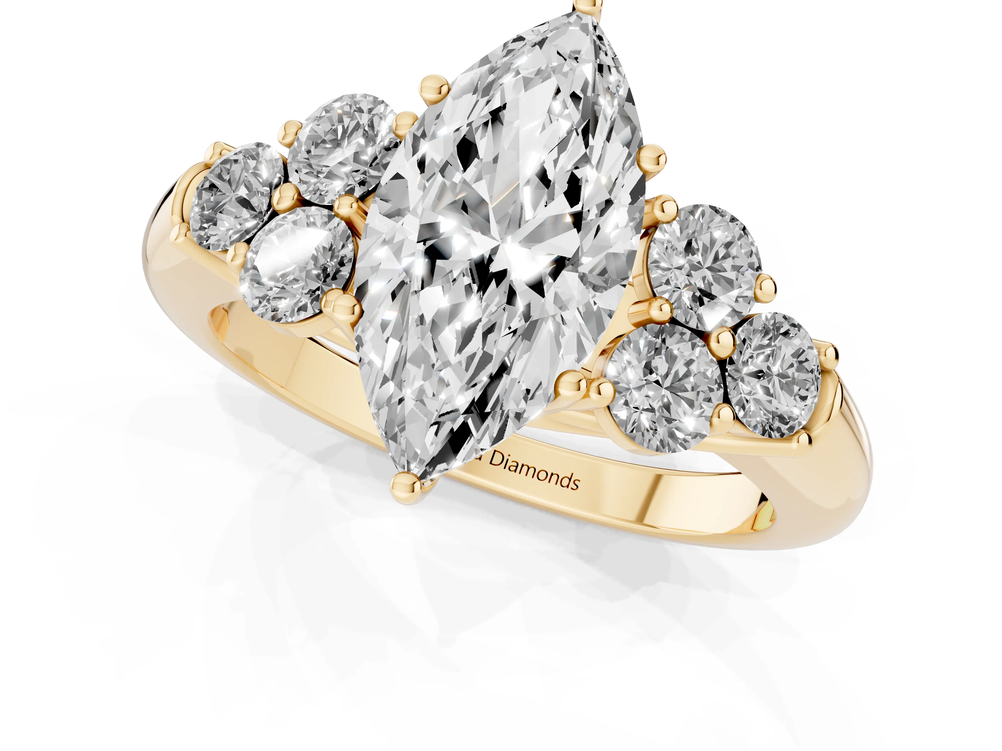 Marquise Cut Diamond Cluster Ring Set in Yellow gold with Round Accent Stones and Prong Setting on a Plain Band