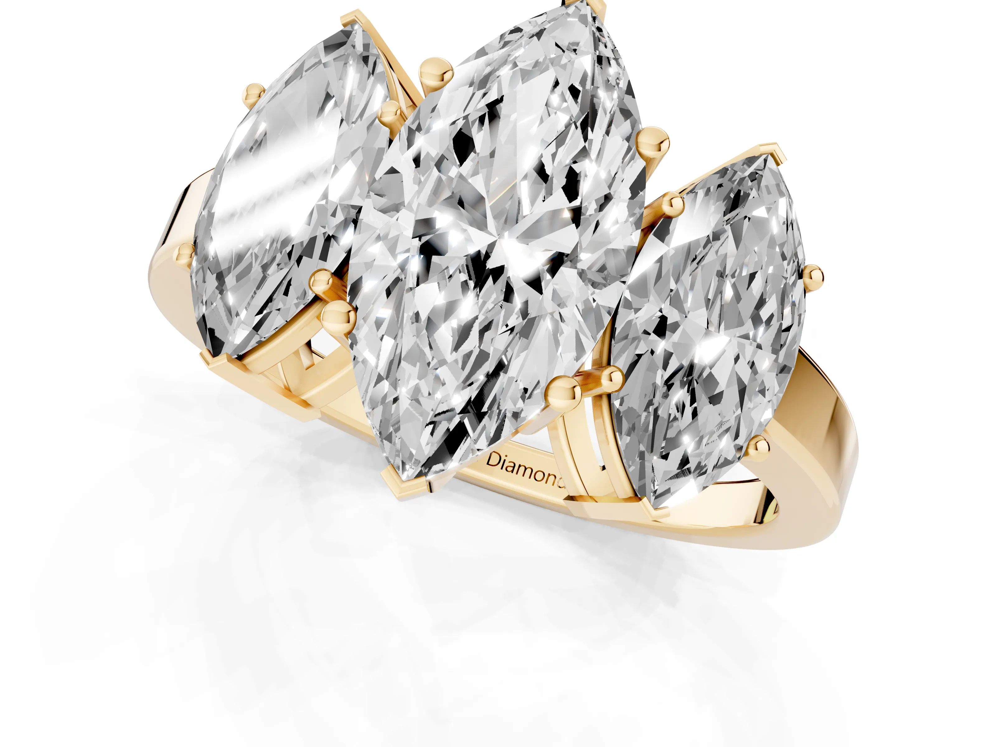 Marquise Cut Diamond Three-Stone Engagement Ring Set in Yellow gold with Flat Band