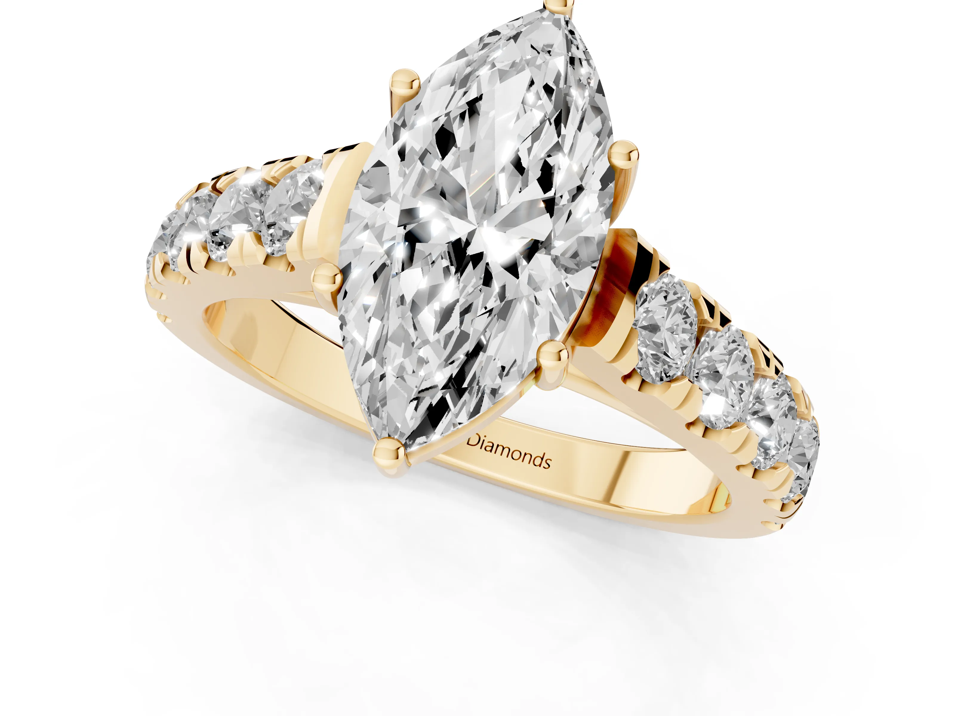 Marquise Cut Diamond Solitaire Ring Set in Yellow gold with Cut-Down Micro Pavé Band and Prong Setting