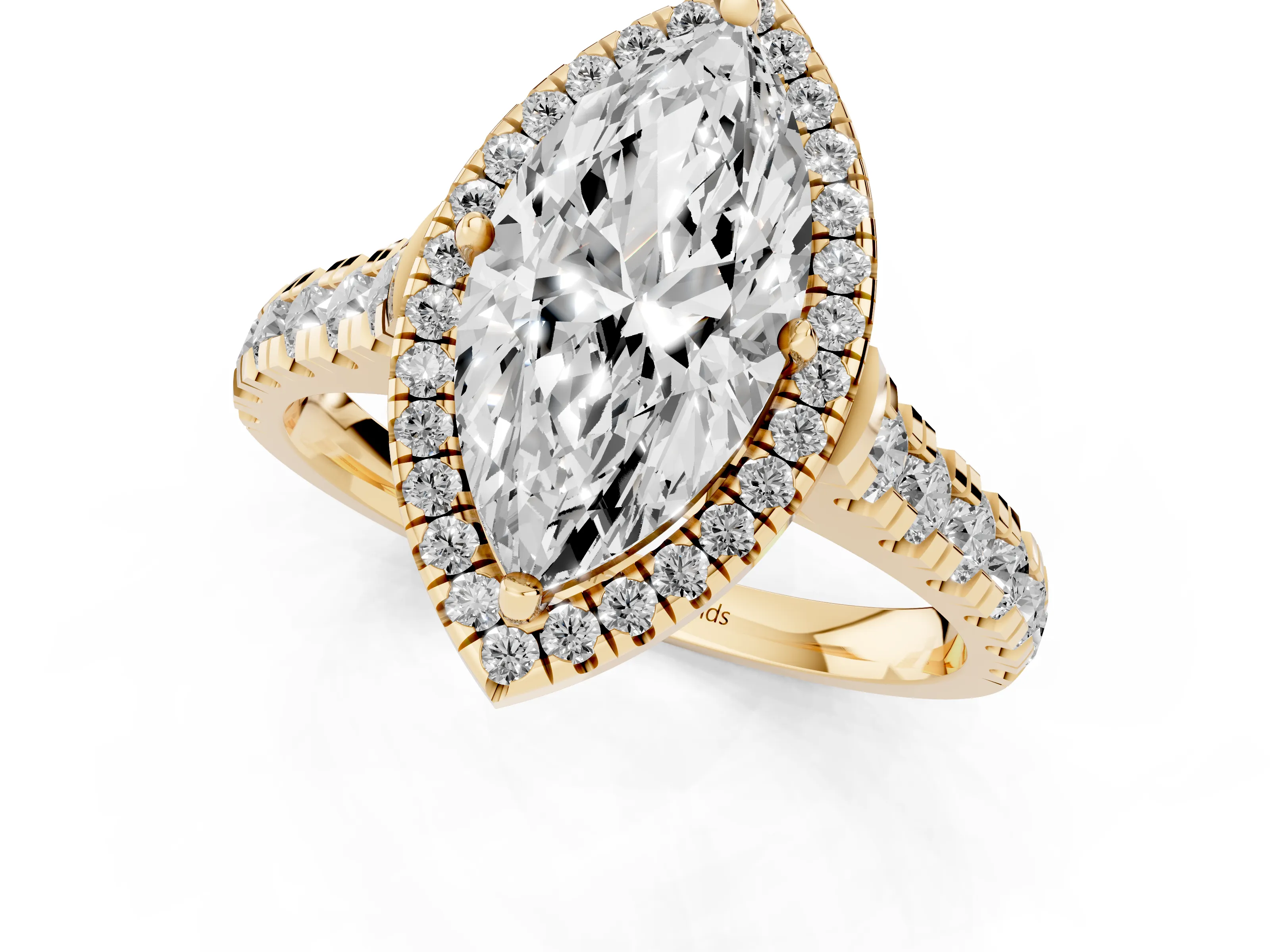 Marquise Cut Diamond Halo Engagement Ring Set in Yellow gold with Pavé Band and Prong-Set Center