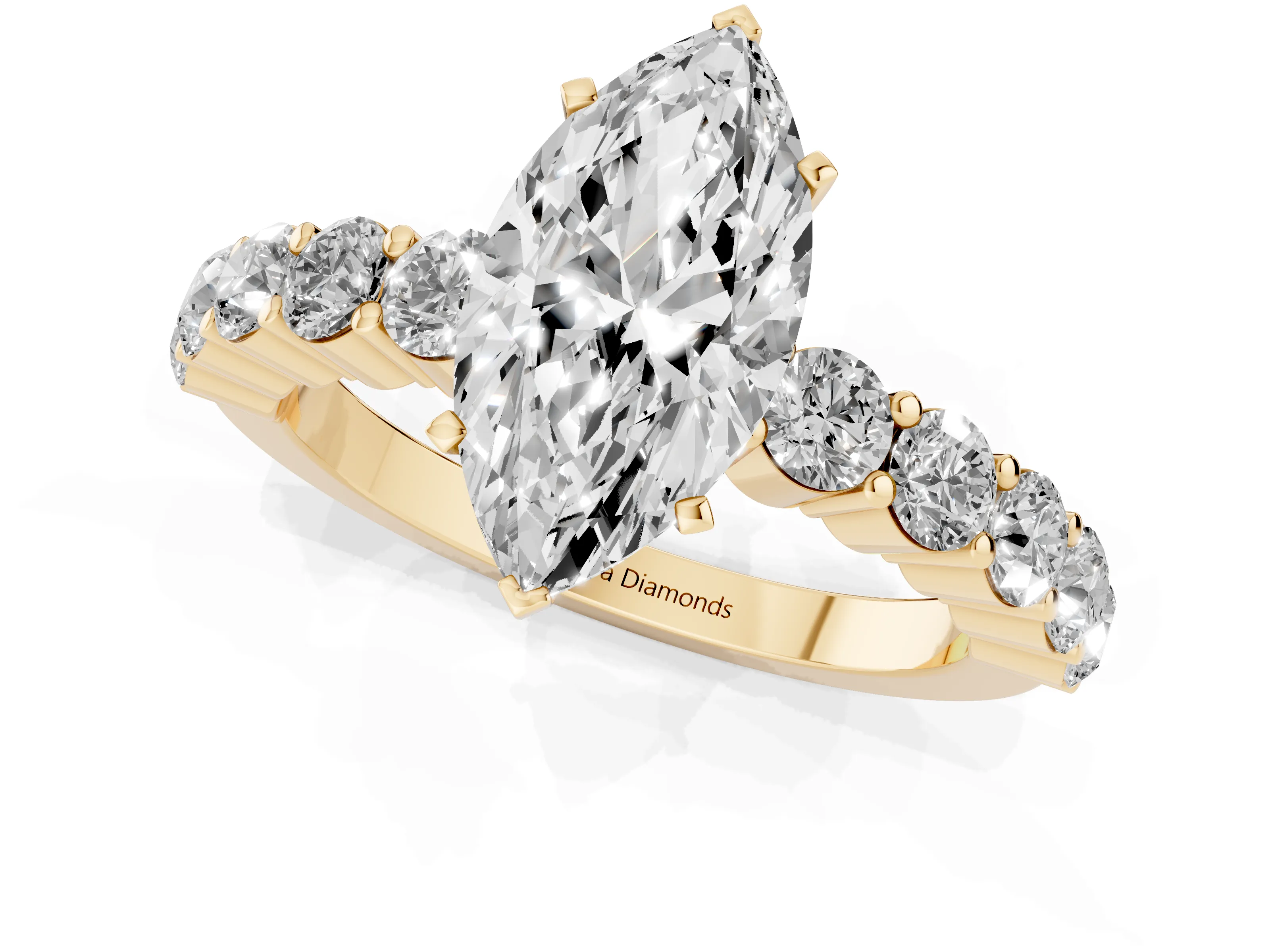 Marquise Cut Diamond Solitaire Ring Set in Yellow gold with Shared Prong Round Side Stones