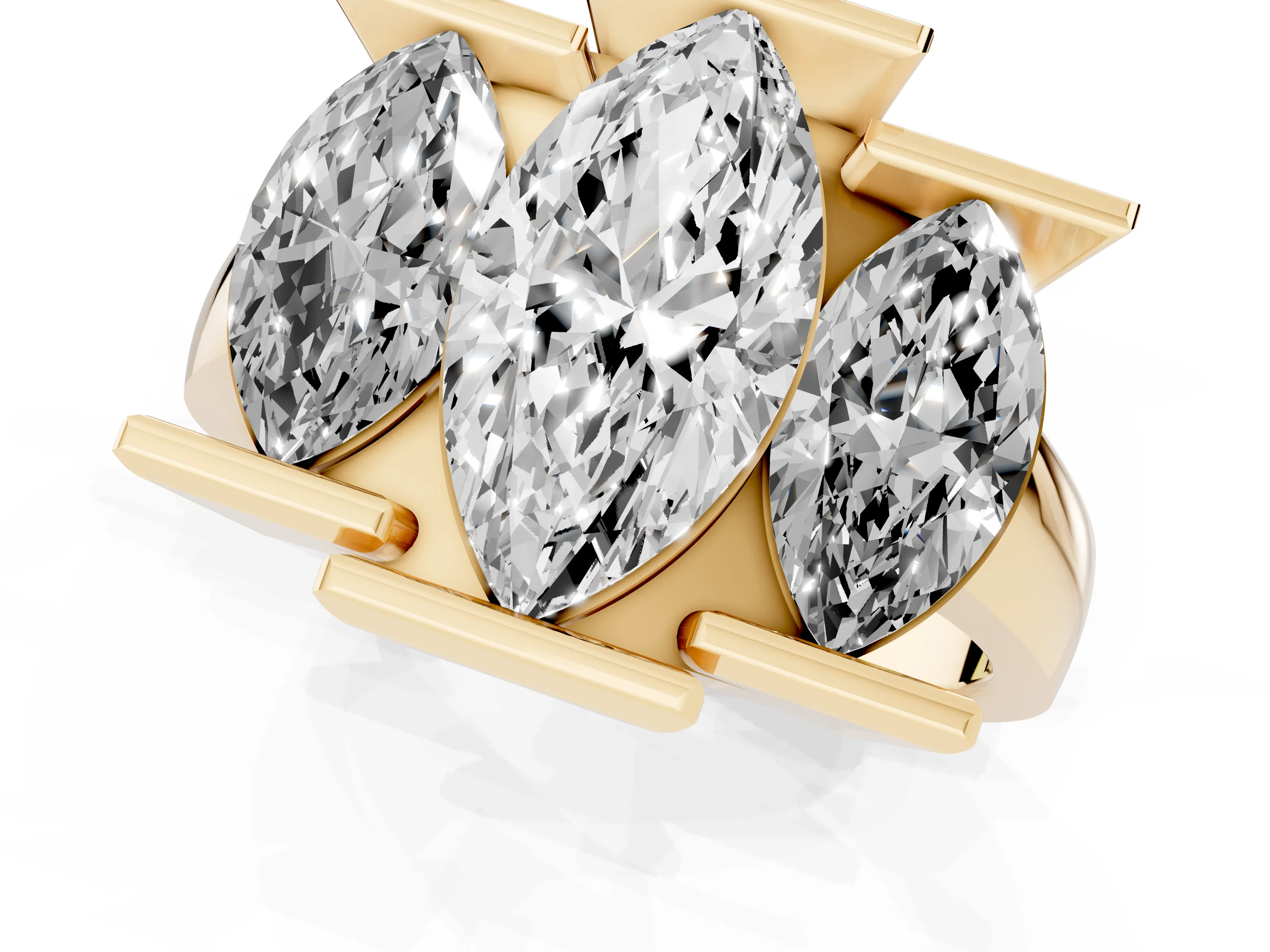 Marquise Cut Diamond Three-Stone Channel Set Ring Set in Yellow gold with Smooth Polished Band – second view