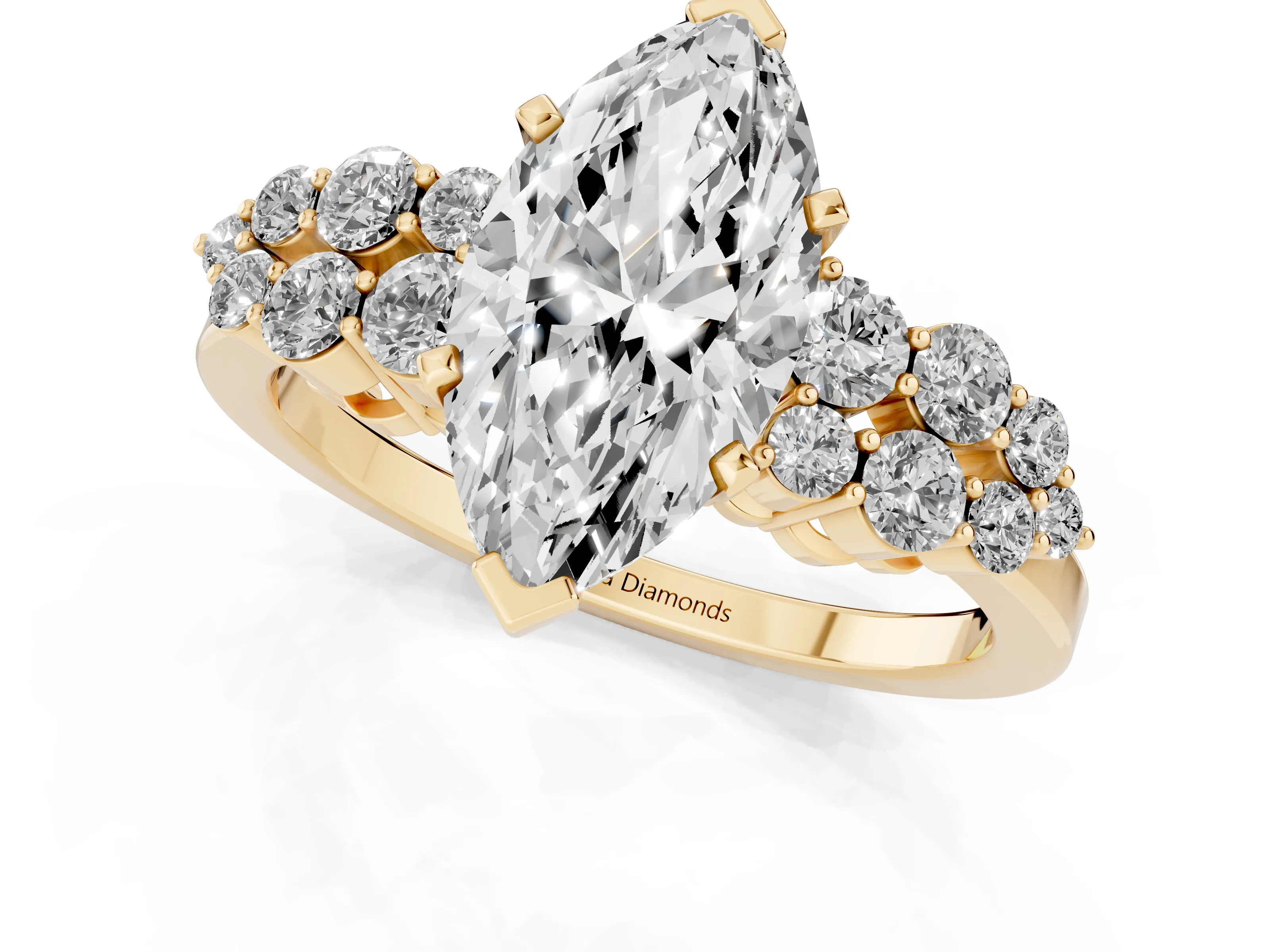 Marquise Cut Diamond Cluster Engagement Ring Set in Yellow gold with Pavé Band and Prong Setting – second view