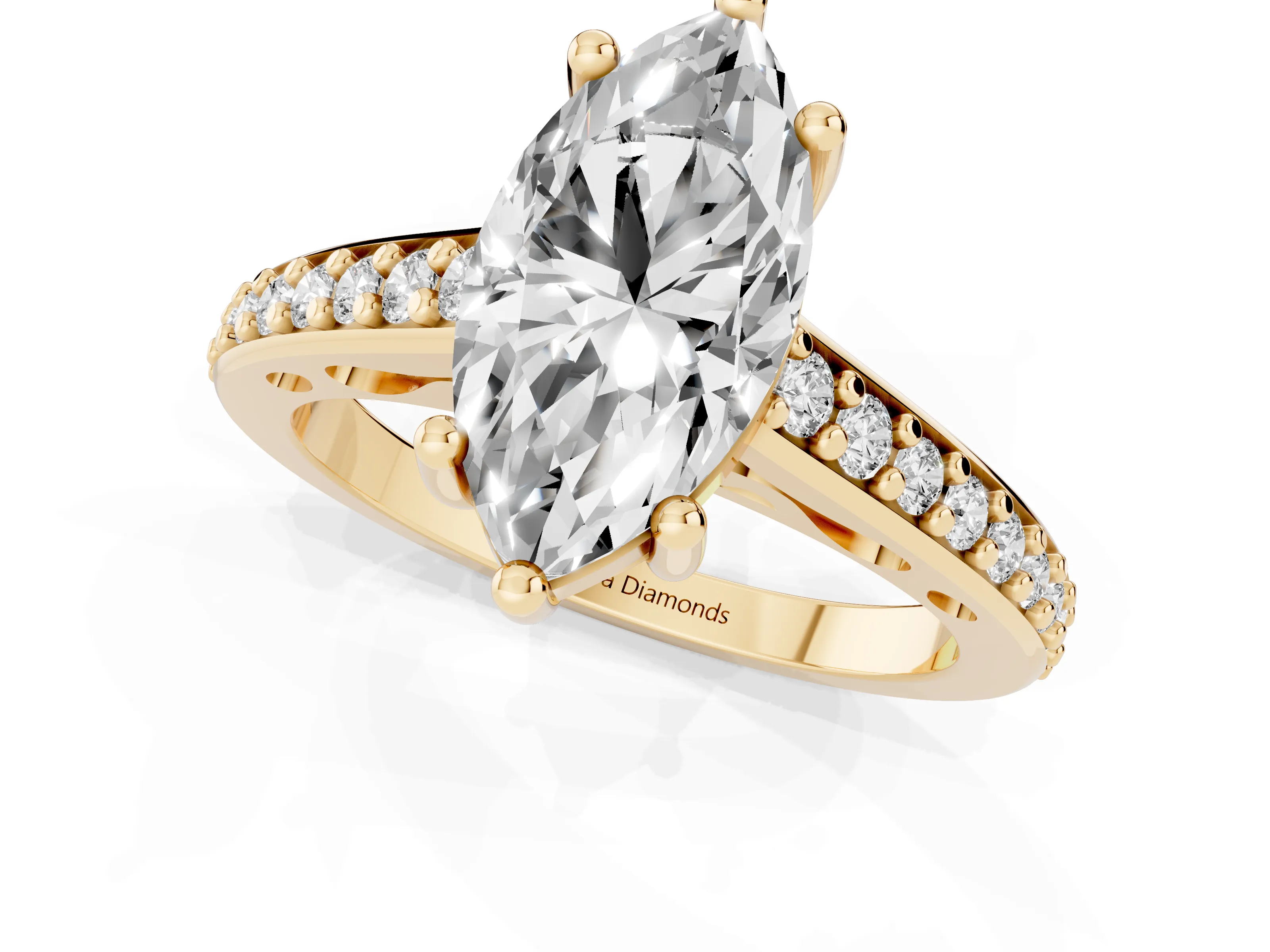 Marquise Cut Diamond Prong Set Solitaire Engagement Ring Set in Yellow gold with Pavé Band