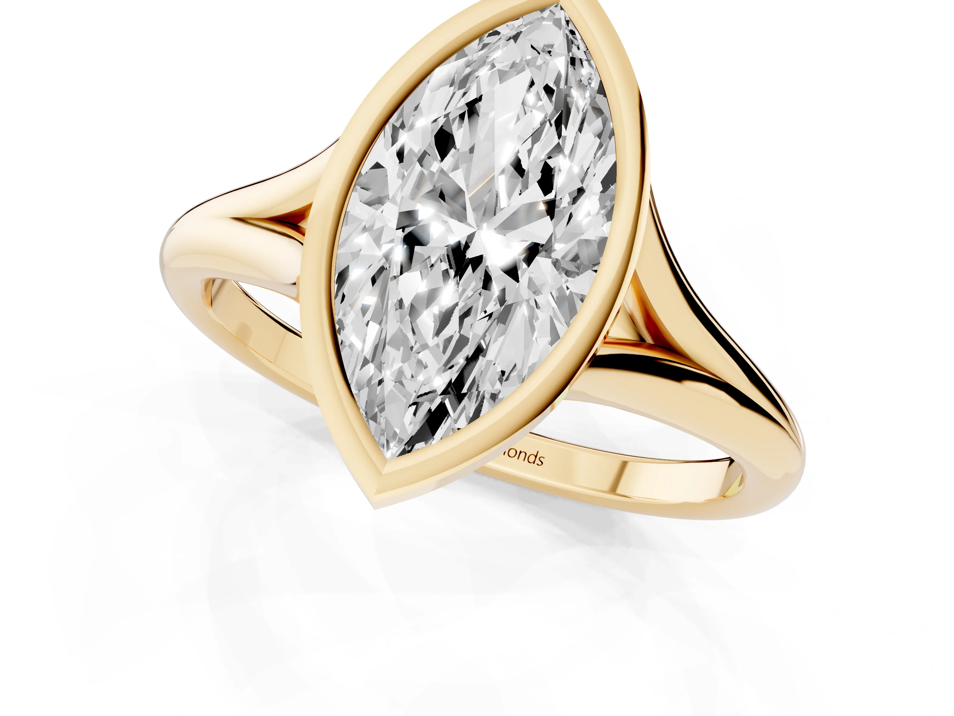 Bezel Set Marquise Cut Diamond Solitaire Ring Set in Yellow gold with Tapered Band