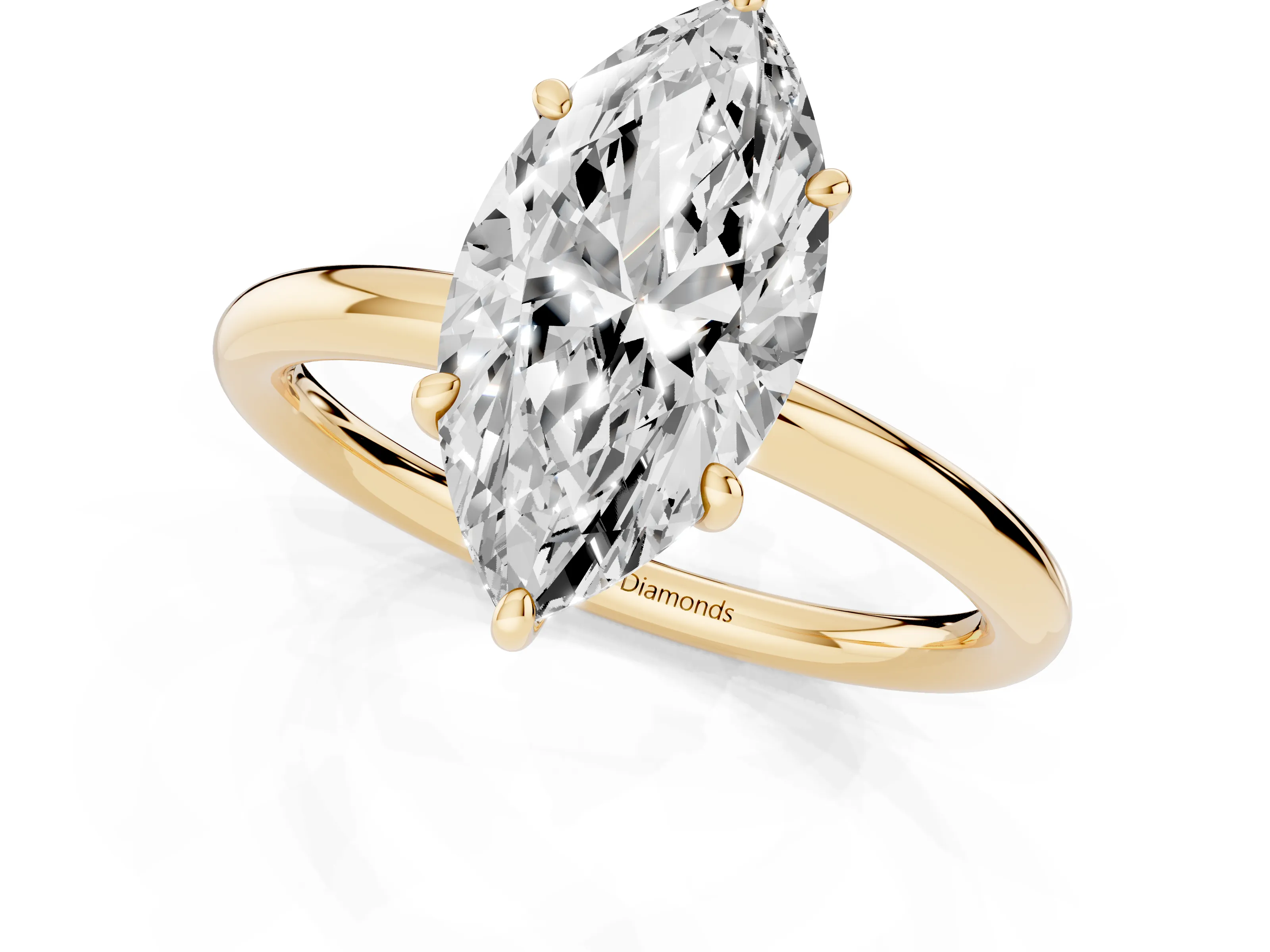 Marquise Cut Diamond Solitaire Ring Set in Yellow gold with Prong Setting on a Polished Plain Band