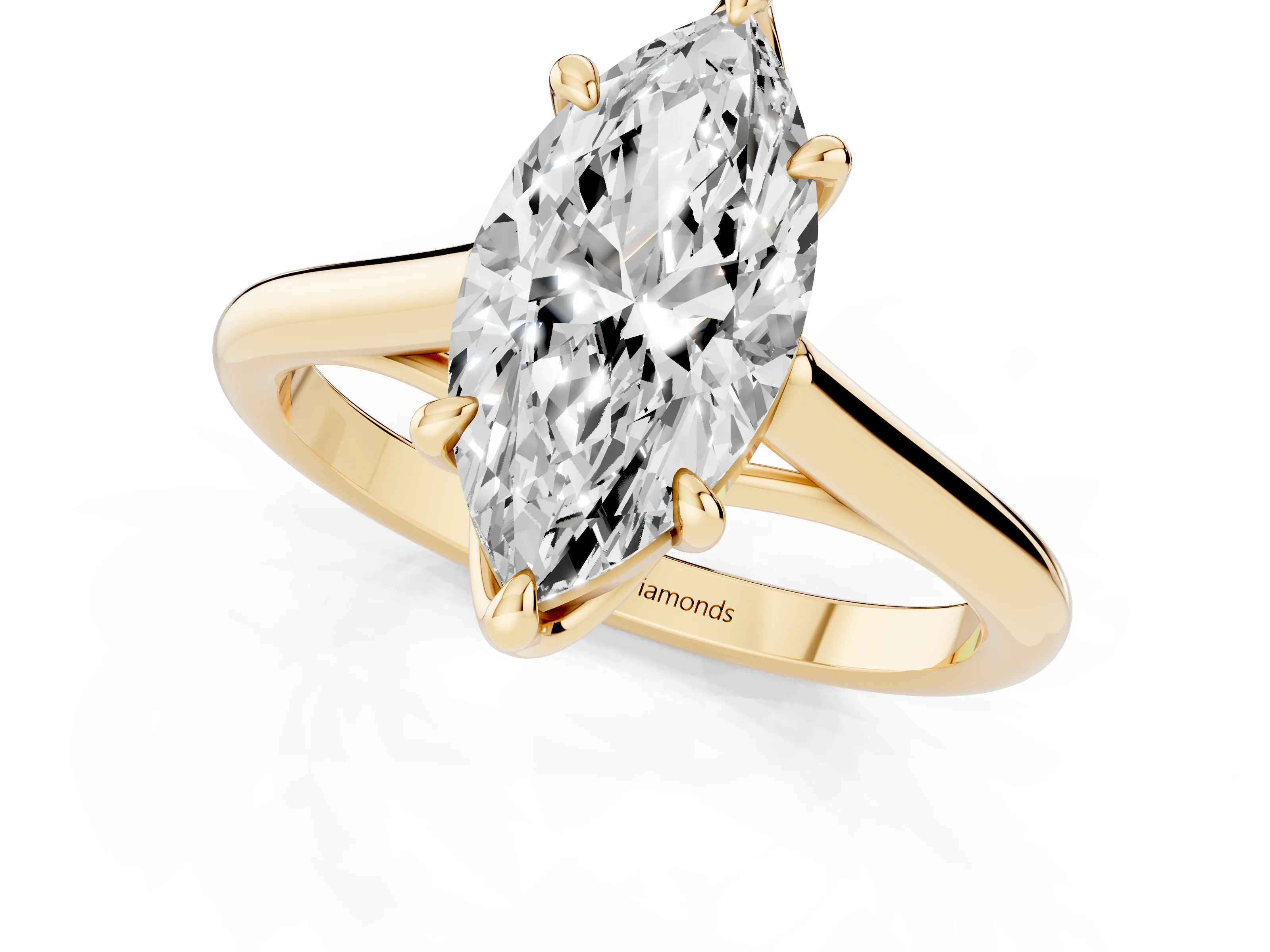 Marquise Cut Diamond Solitaire Engagement Ring Set in Yellow gold with Prong Setting and Plain Classic Band