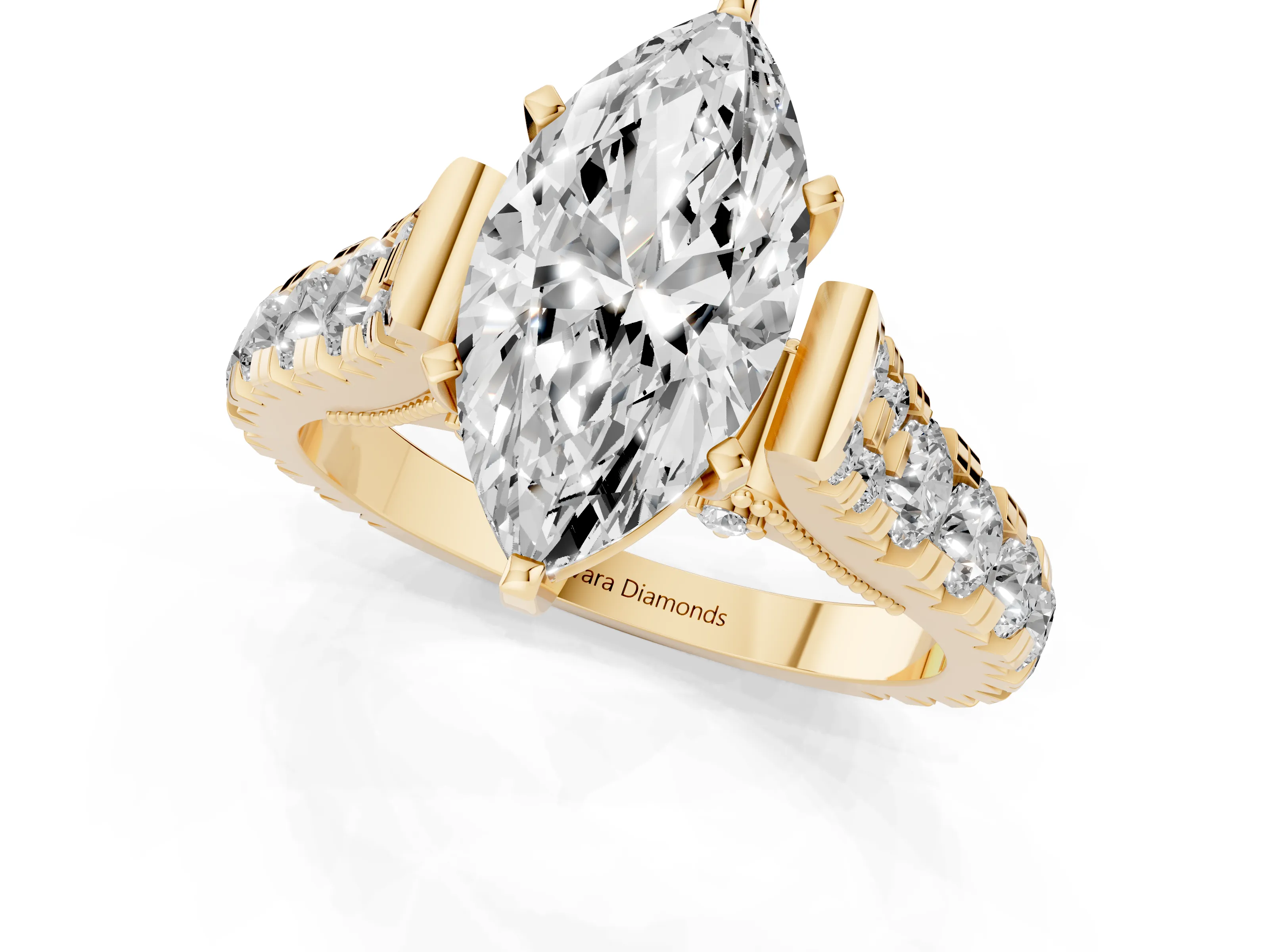 Marquise Cut Diamond Classic Solitaire Ring Set in Yellow gold with Pavé Band and Prong Setting