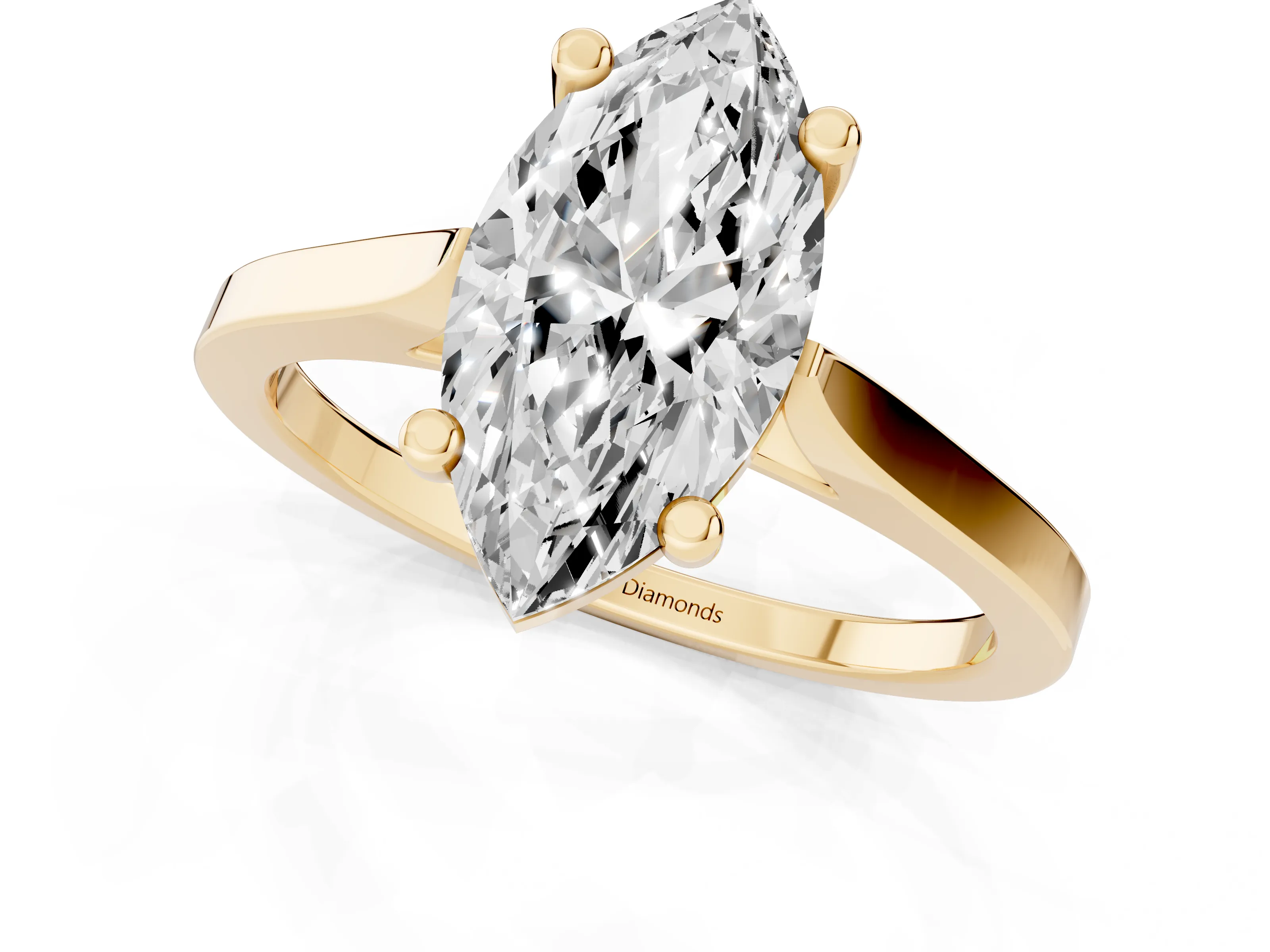Marquise Cut Diamond Solitaire Ring Set in Yellow gold with Prong Setting and Tapered Band