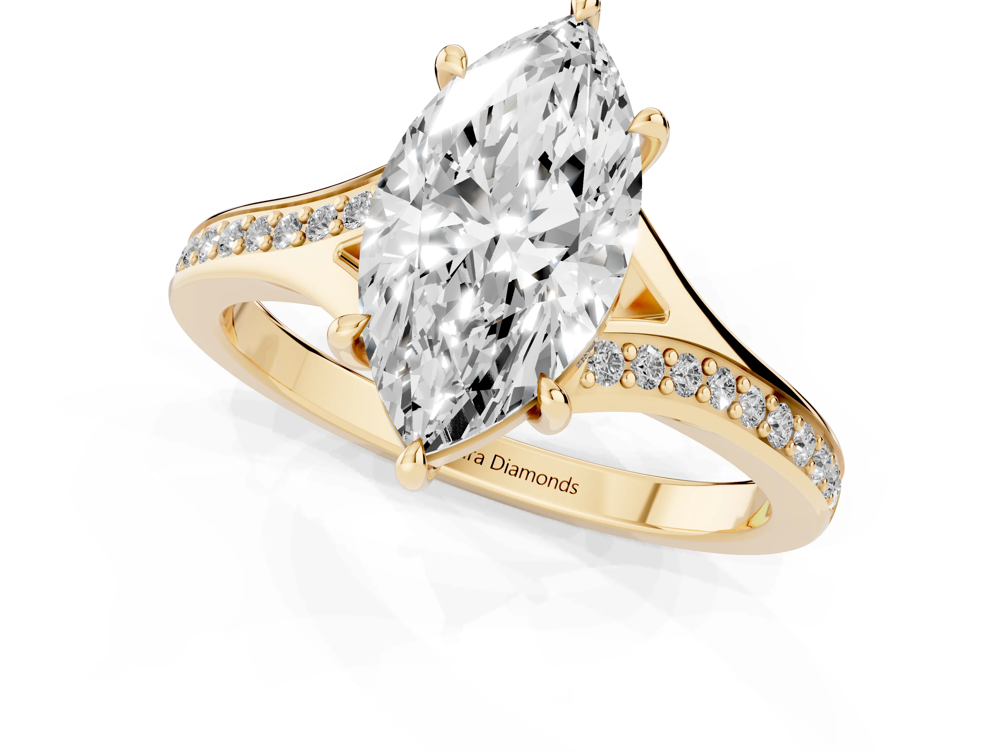 Marquise Cut Diamond Solitaire Ring Set in Yellow gold with Pavé Accent Band and Classic Prong Setting