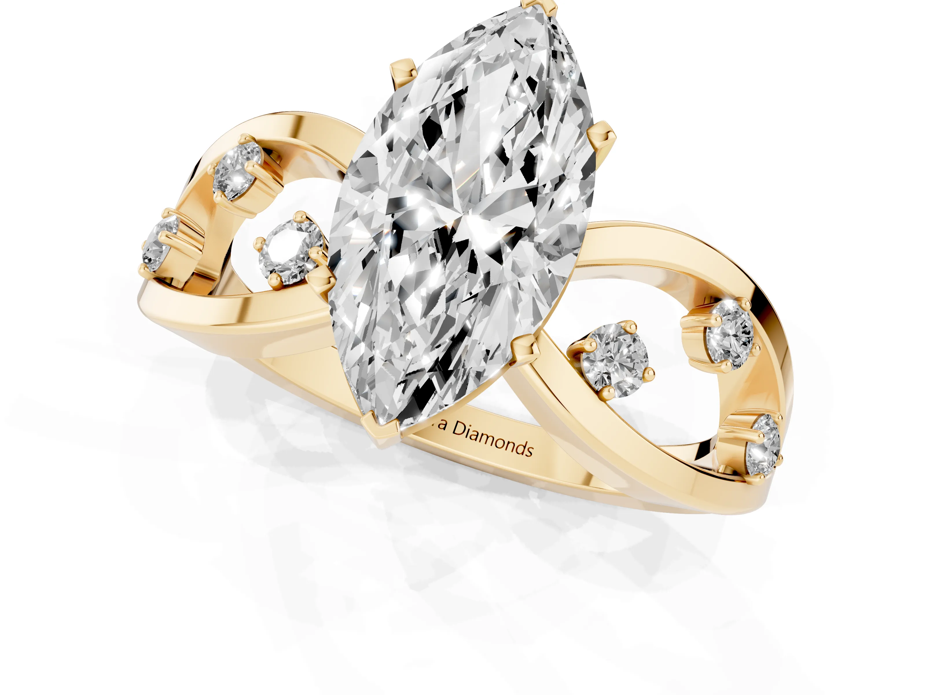 Marquise Cut Diamond Solitaire Ring Set in Yellow gold with Side Stones on Criss-Cross Band and Prong Setting