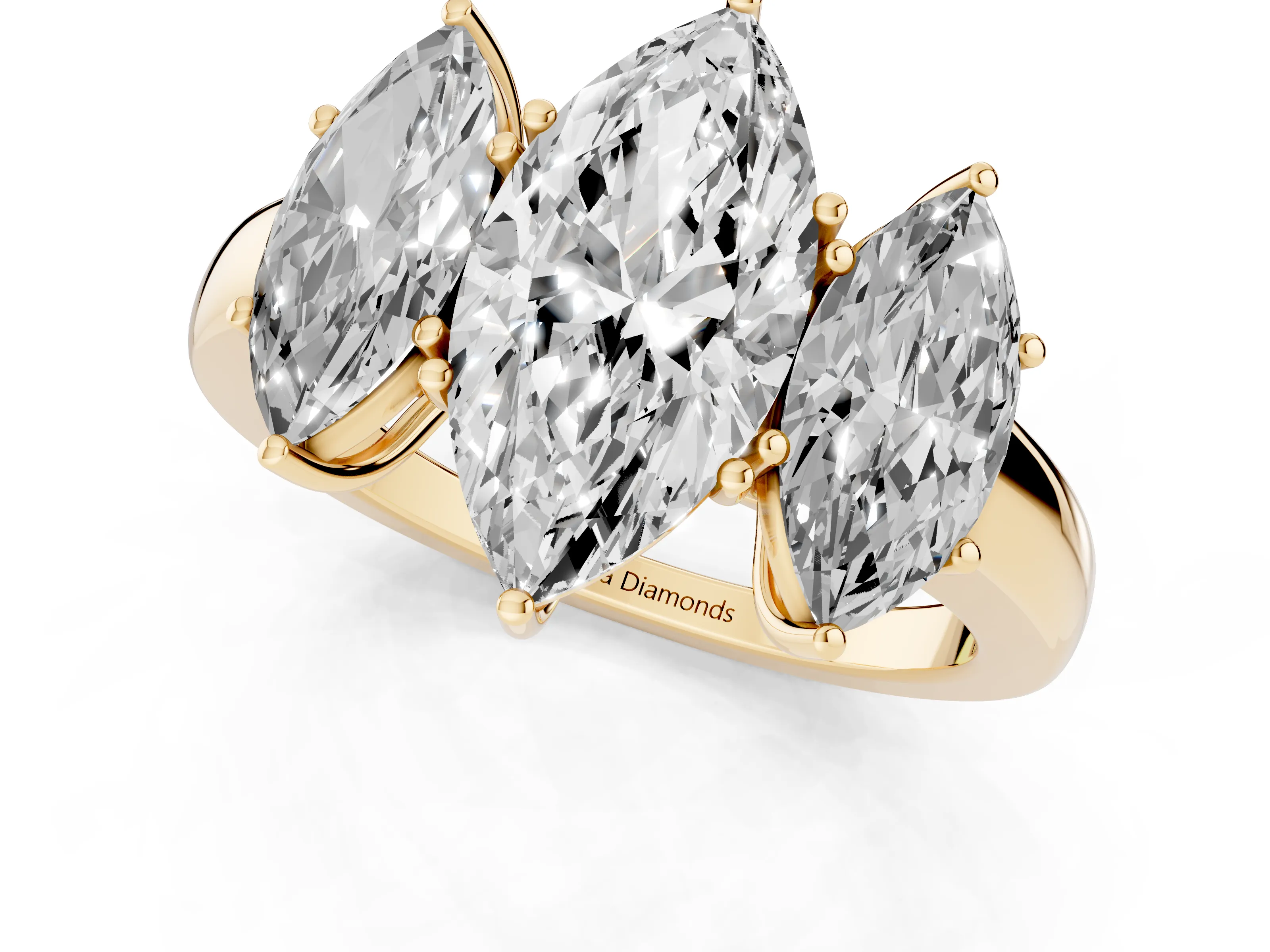 Marquise Cut Diamond Three-Stone Ring Set in Yellow gold with Bold Center and Classic Band – second view