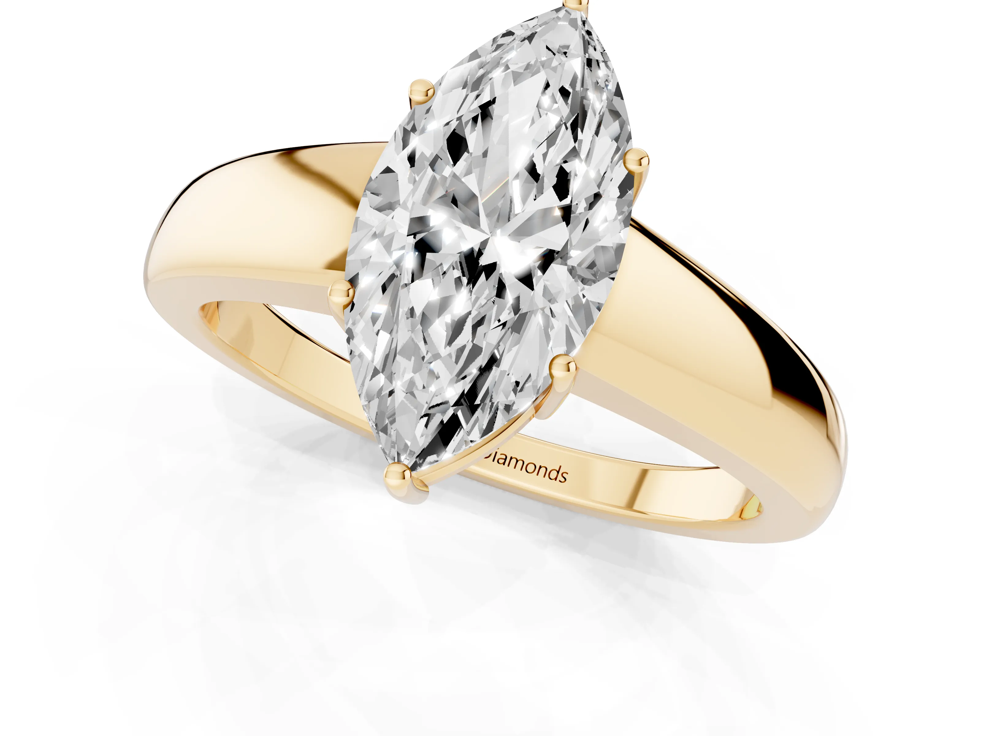 Marquise Cut Diamond Solitaire Ring Set in Yellow gold with Tapered Band and Prong Setting