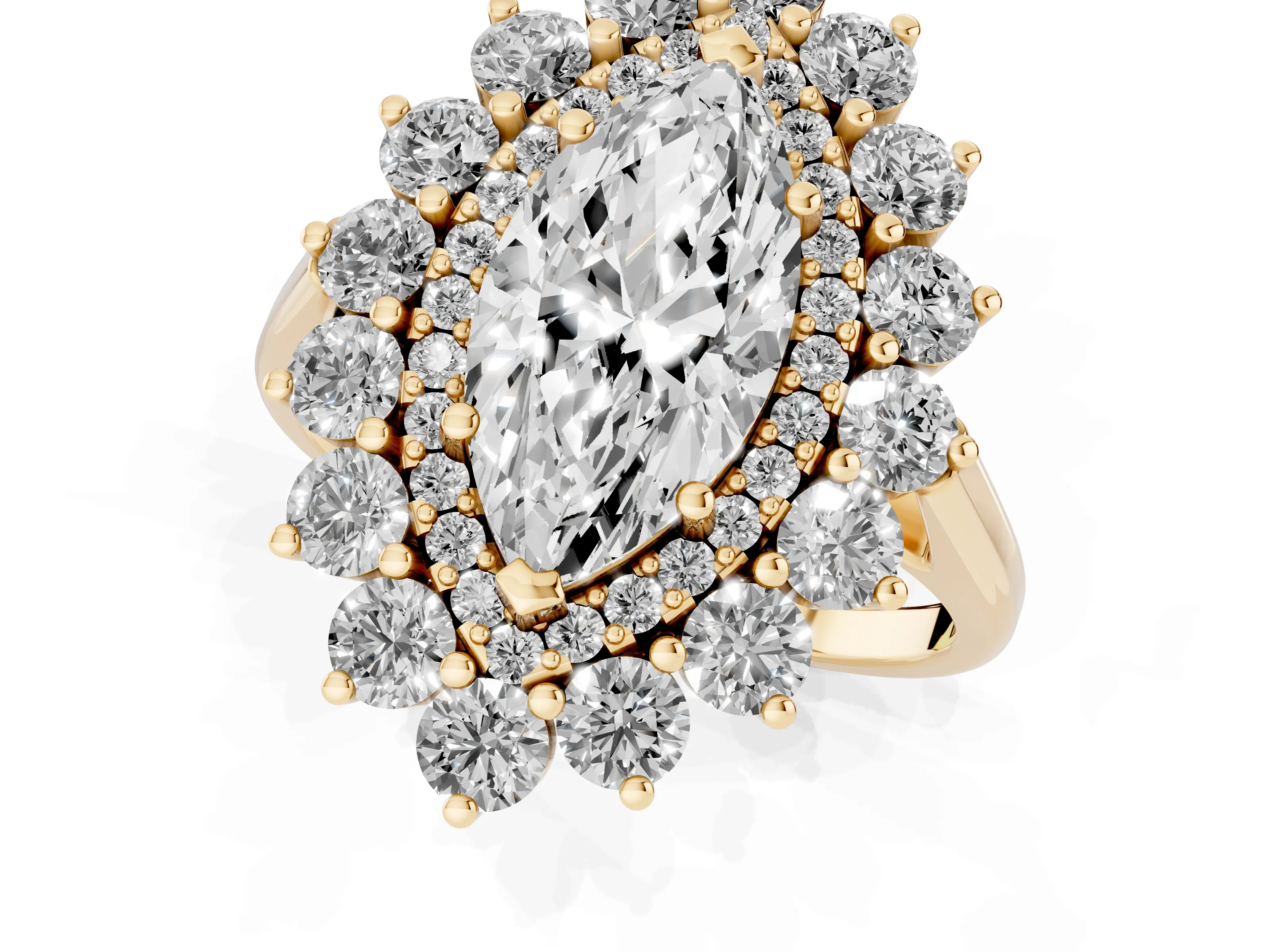 Marquise Cut Diamond Floral Double Halo Ring Set in Yellow gold with Round Petals
