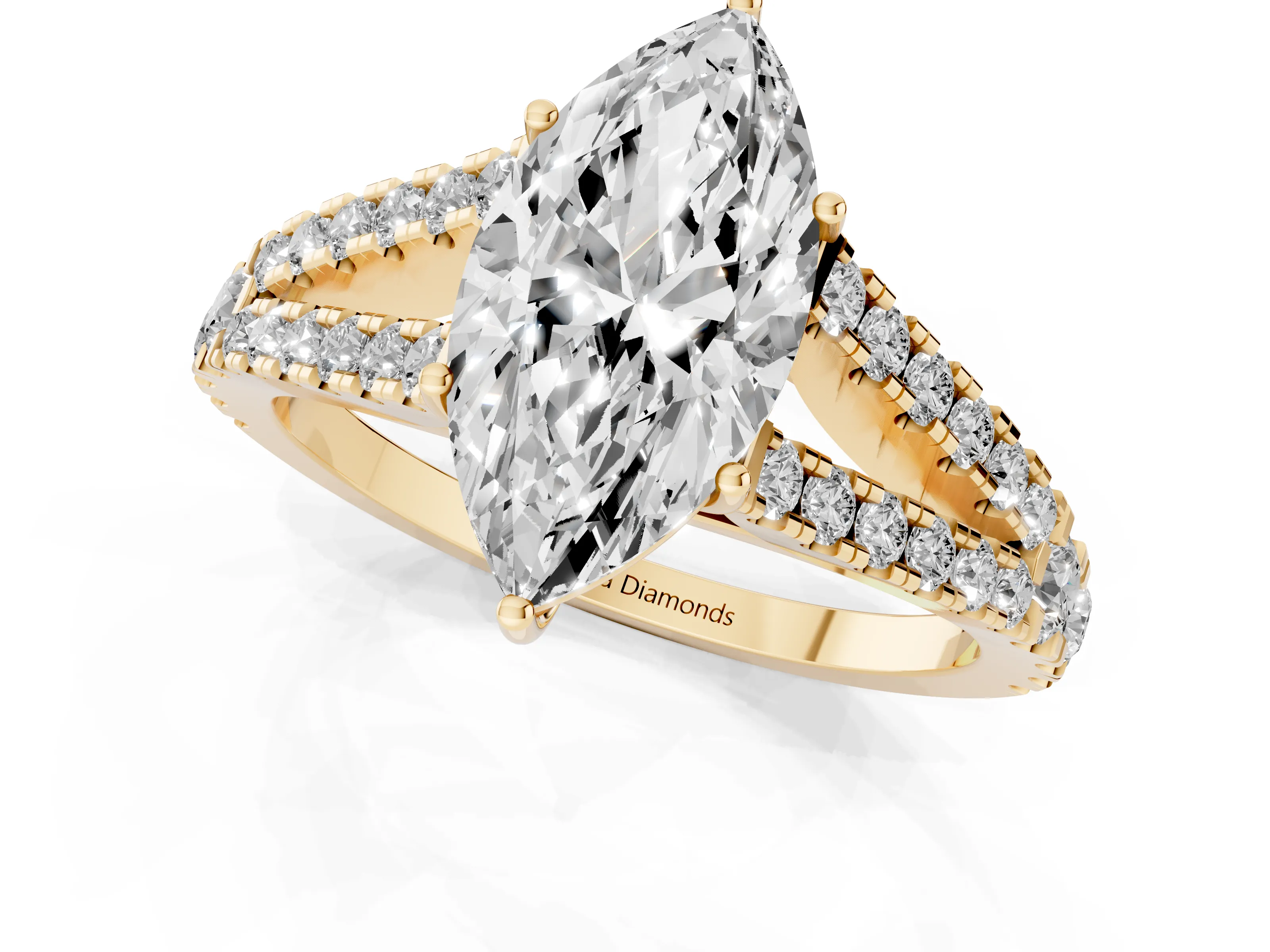 Marquise Cut Diamond Split Shank Pavé Engagement Ring Set in Yellow gold with Prong-Held Center Stone