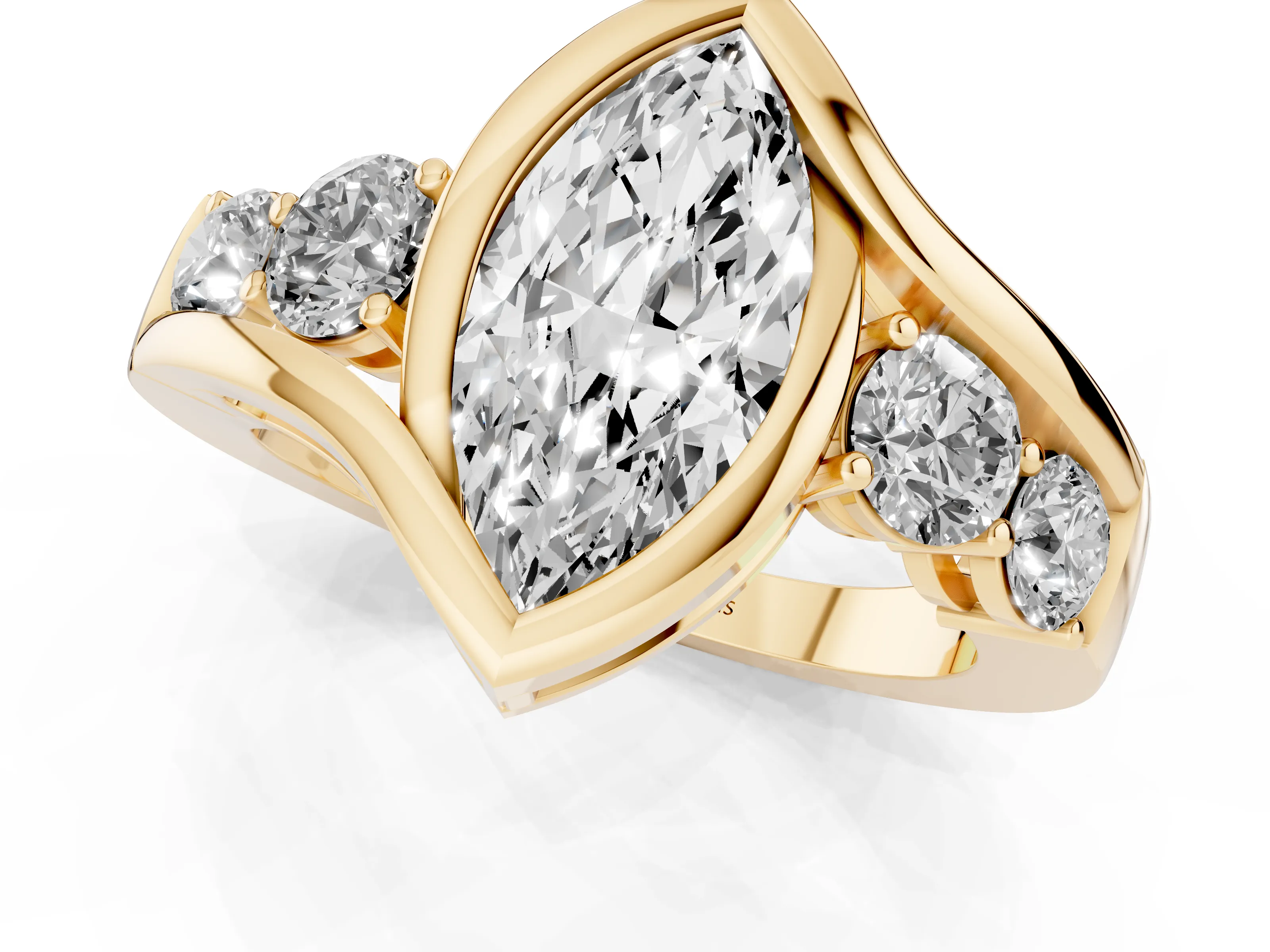 Marquise Cut Diamond Bezel Bypass Ring Set in Yellow gold with Round Accents